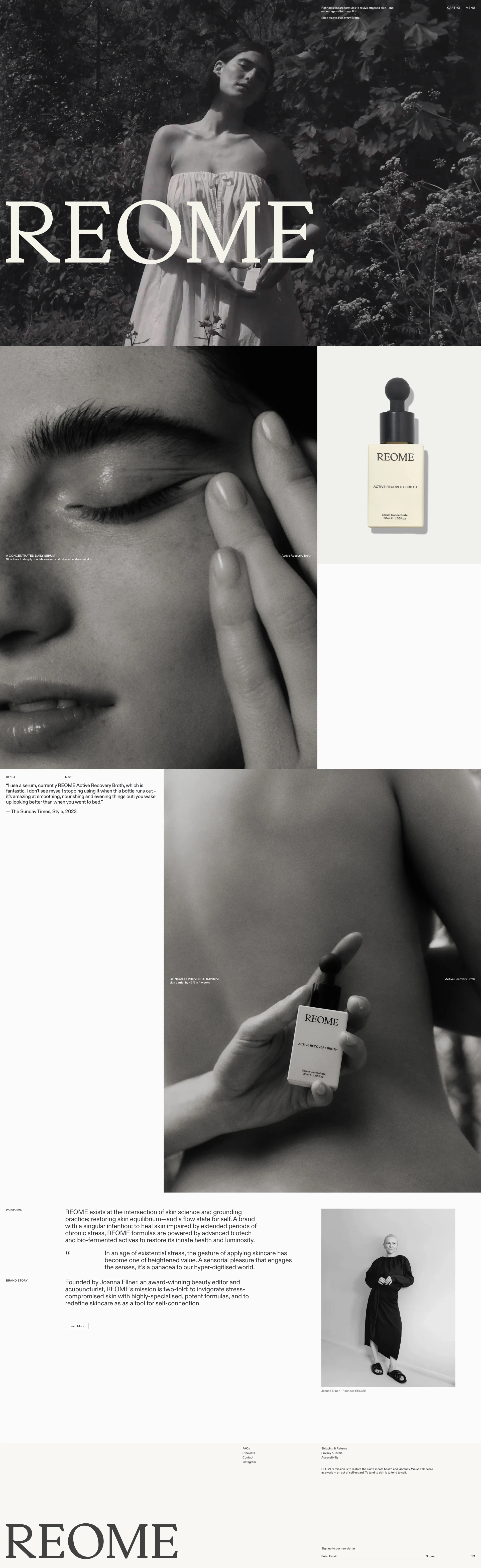 REOME Landing Page Example: We create sophisticated formulas with a singular intention: to return your skin to balance - with transformative, deeply nourishing, bio-fermented and biotech actives.