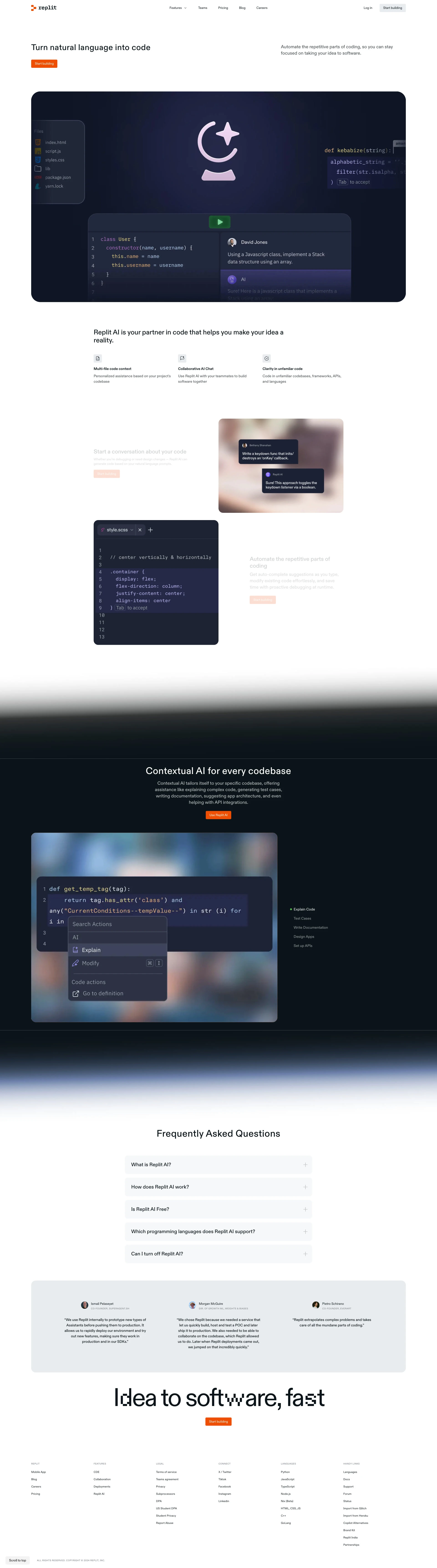 Replit Landing Page Example: Replit is an AI-driven software creation platform where everyone can build, share, and ship software fast.