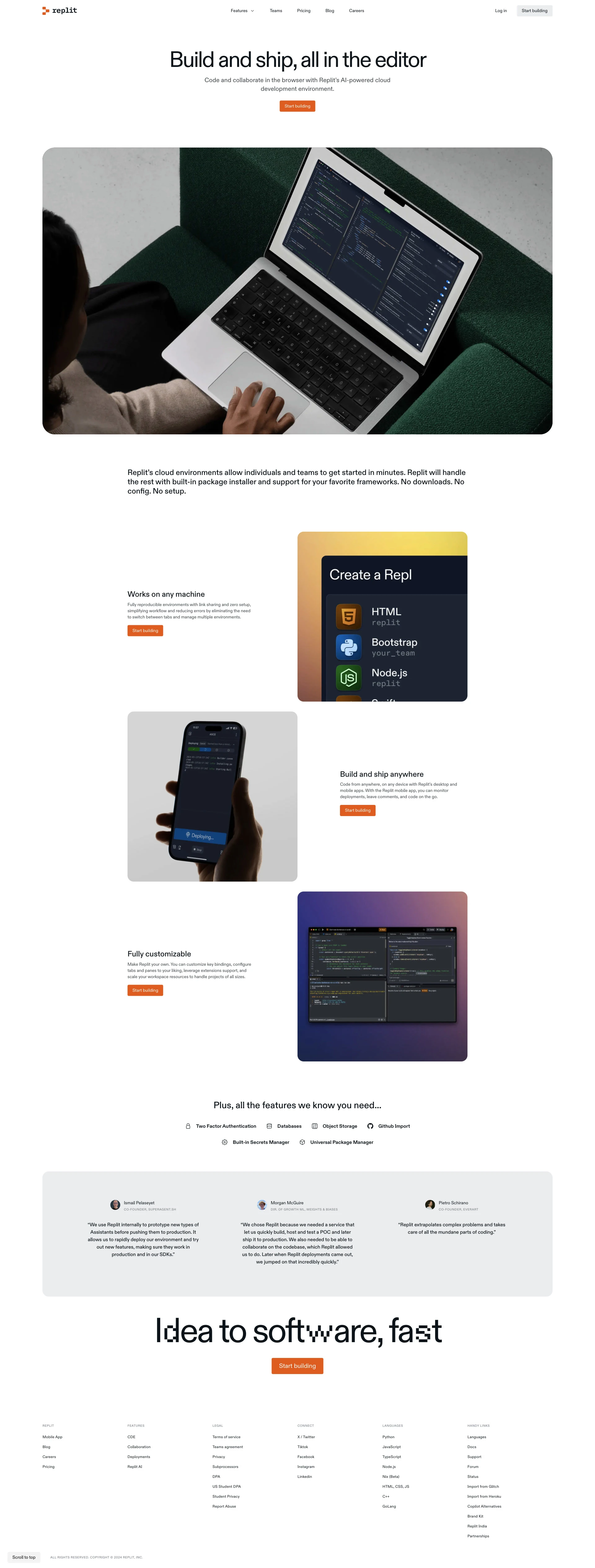 Replit Landing Page Example: Replit is an AI-driven software creation platform where everyone can build, share, and ship software fast.