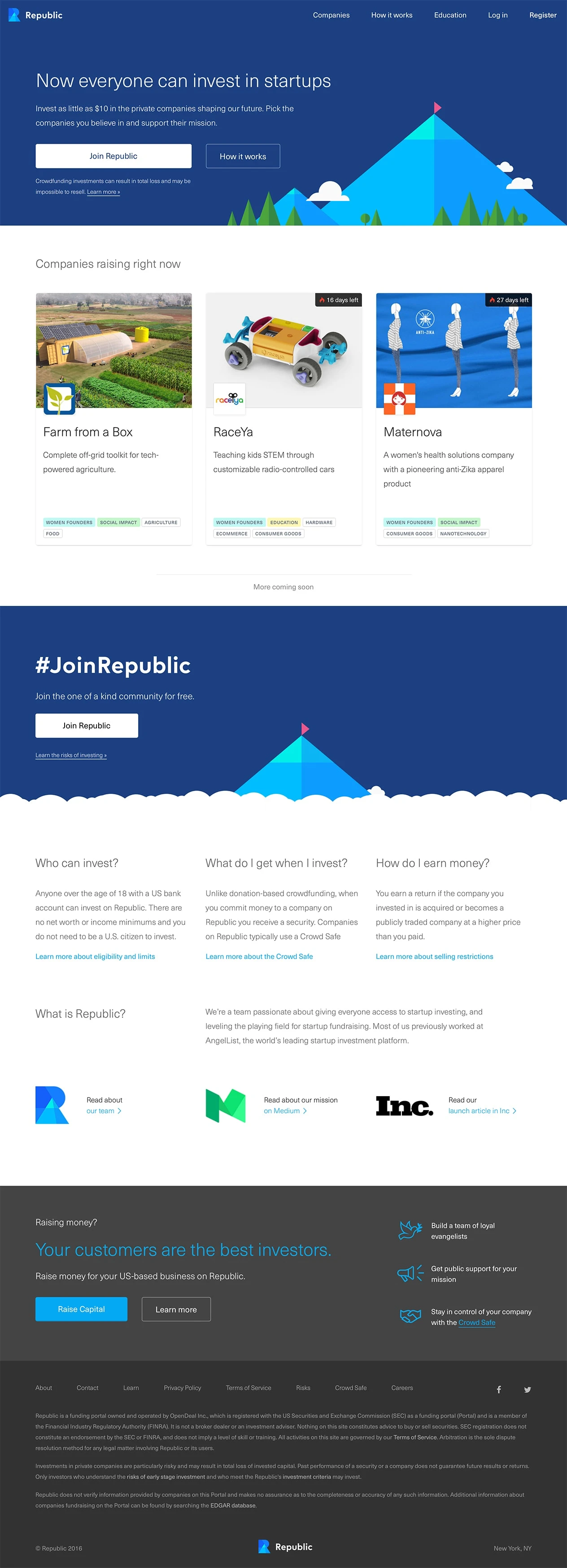 Republic Landing Page Example: Invest in impactful startups raising money via equity crowdfunding