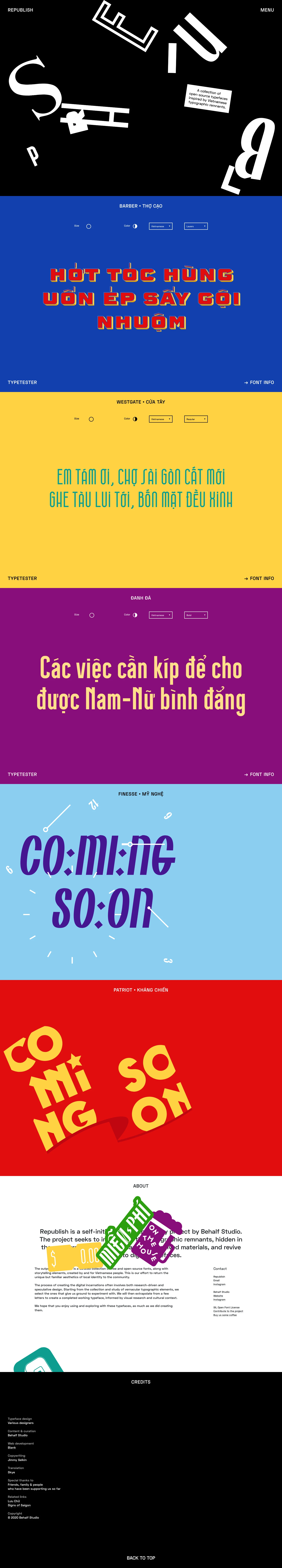 Republish Landing Page Example: Republish is a community project by Behalf Studio that seeks to research Vietnamese typographic remnants and revive them into digital typefaces and fonts.
