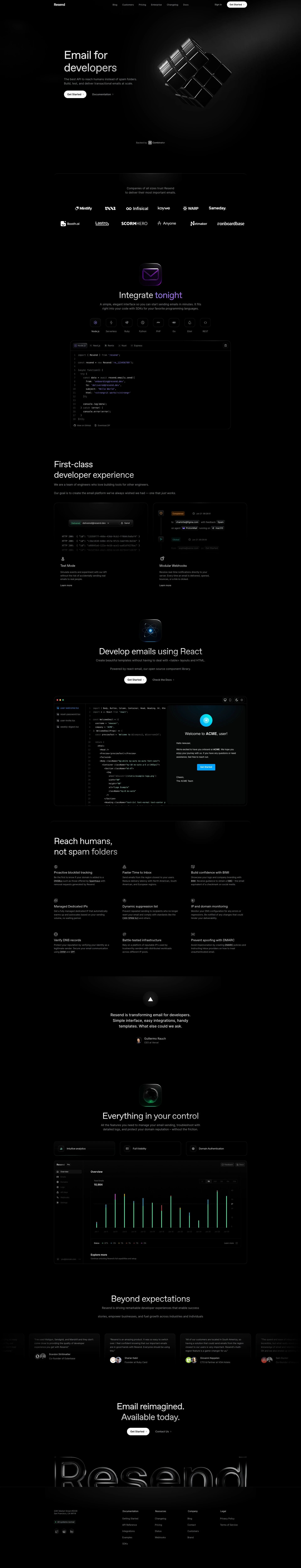 Resend Landing Page Example: Email for developers. The best API to reach humans instead of spam folders. Build, test, and deliver transactional emails at scale.