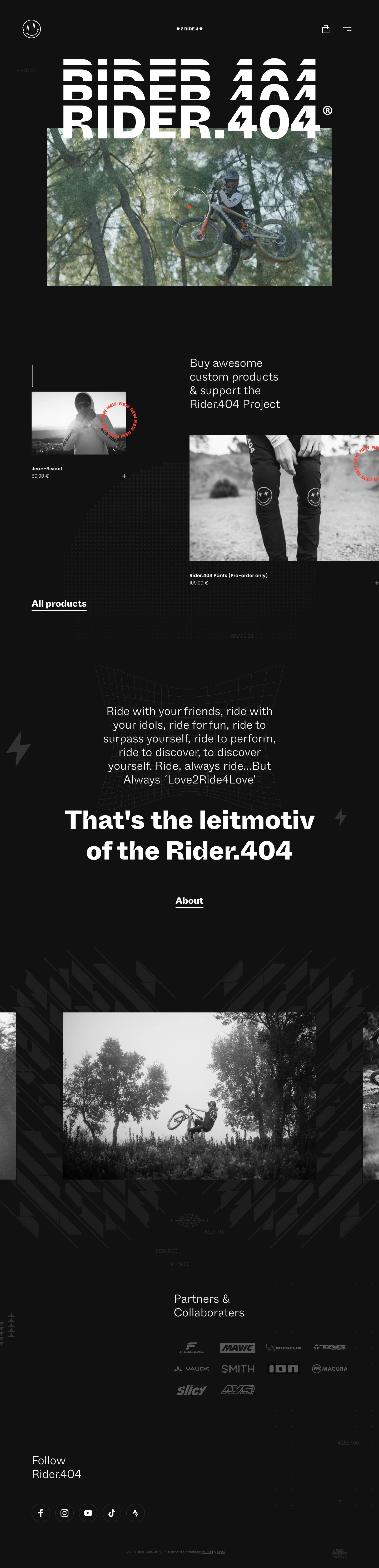 Rider.404 Landing Page Example: Ride with your friends, ride with your idols, ride for fun, ride to surpass yourself, ride to perform, to discover, ride to discover yourself. Ride, always ride.