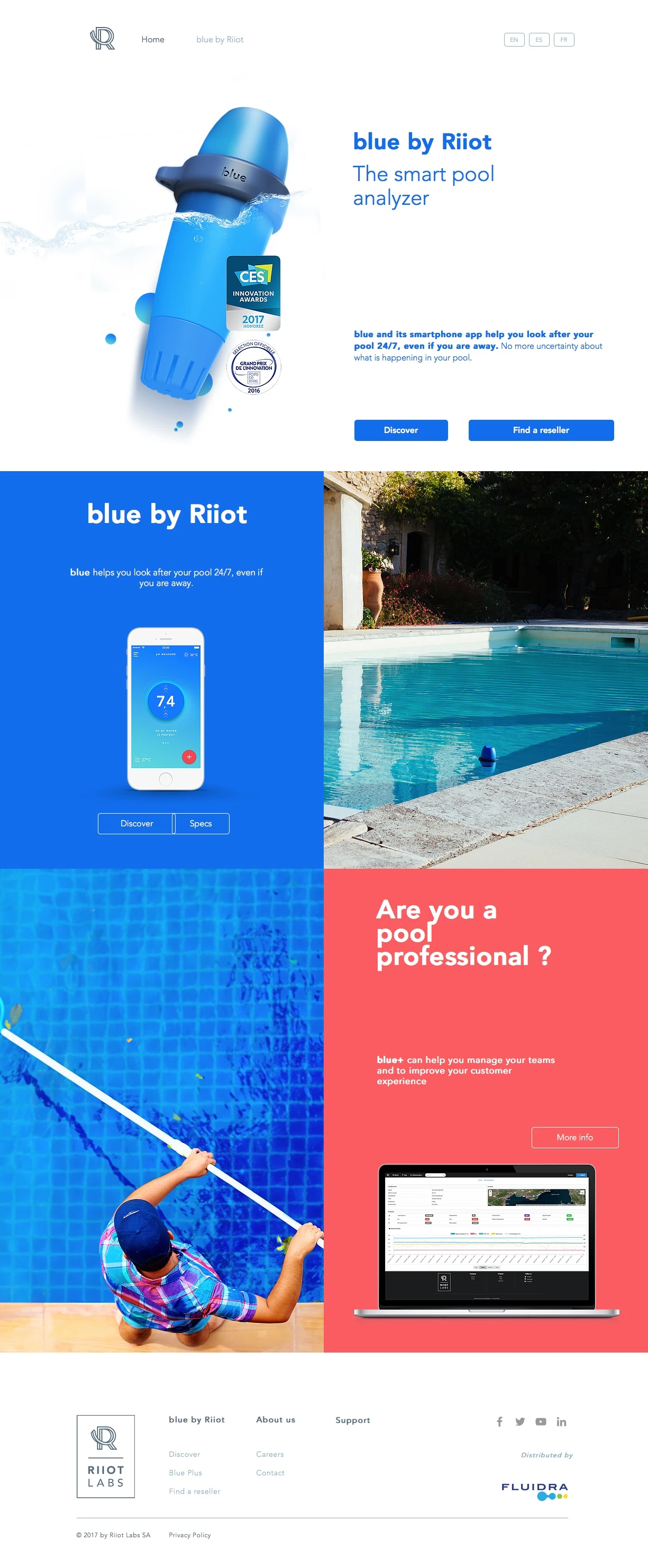 Riiot Labs Landing Page Example: Blue by Riiot, The smart pool analyzer