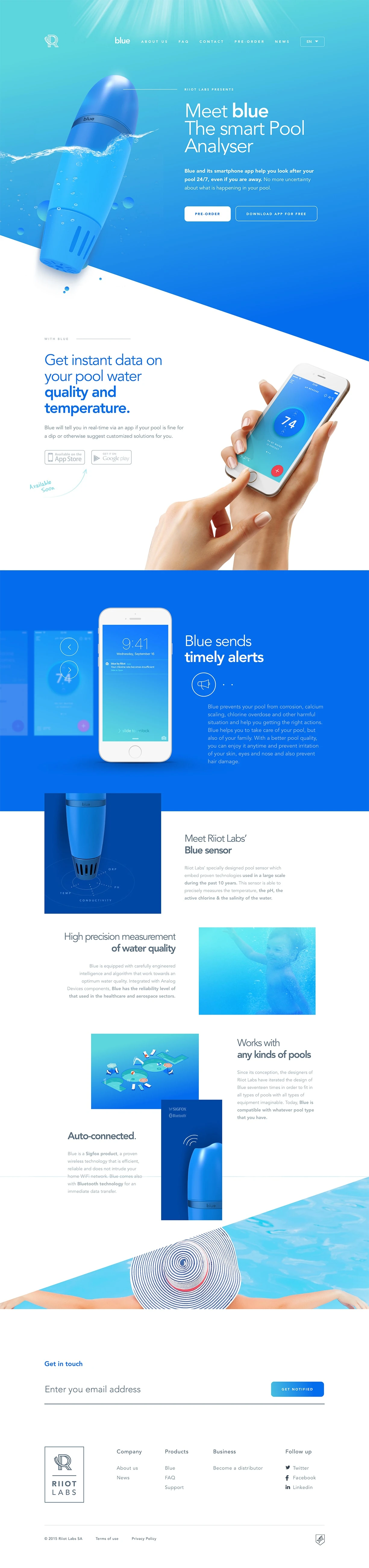 Riiot Labs Landing Page Example: Get instant data on your pool water quality and temperature. Blue will tell you in real-time via an app if your pool is fine for a dip or otherwise suggest customized solutions for you.