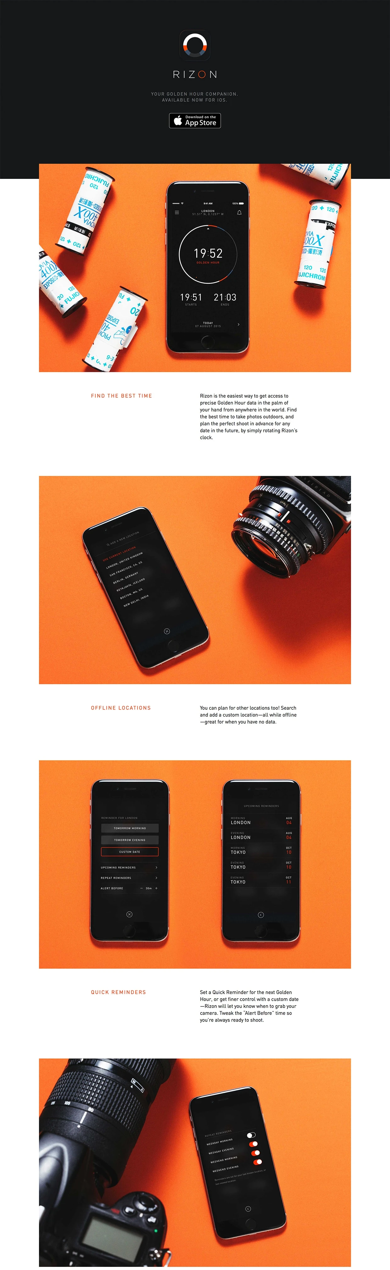 Rizon Landing Page Example: Rizon is a beautiful Golden Hour calculator for your iPhone that helps you easily find the best time to shoot outdoors in natural light. Set reminders, save offline locations, and see data for any date in the future.