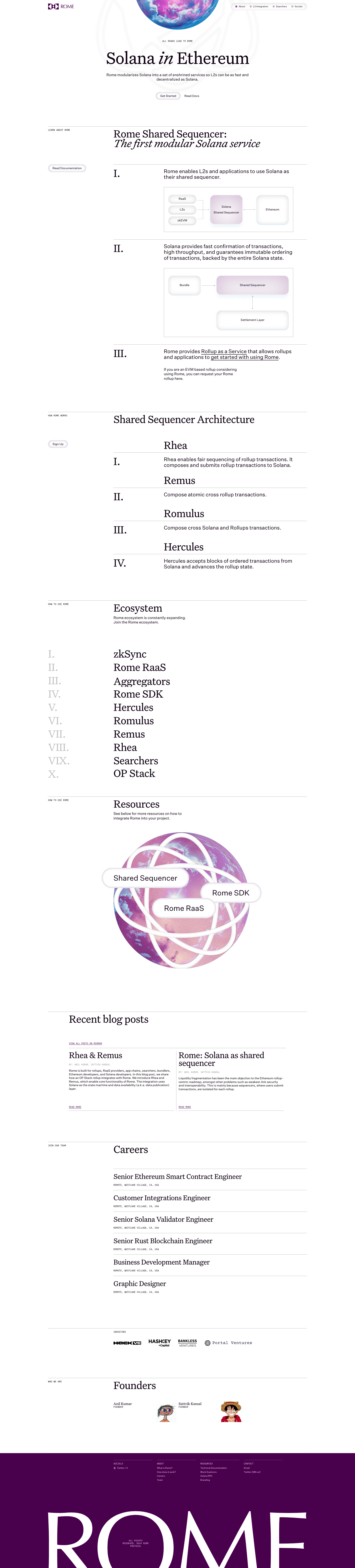 Rome Landing Page Example: Rome modularizes Solana into a set of enshrined services so L2s can be as fast and decentralized as Solana.