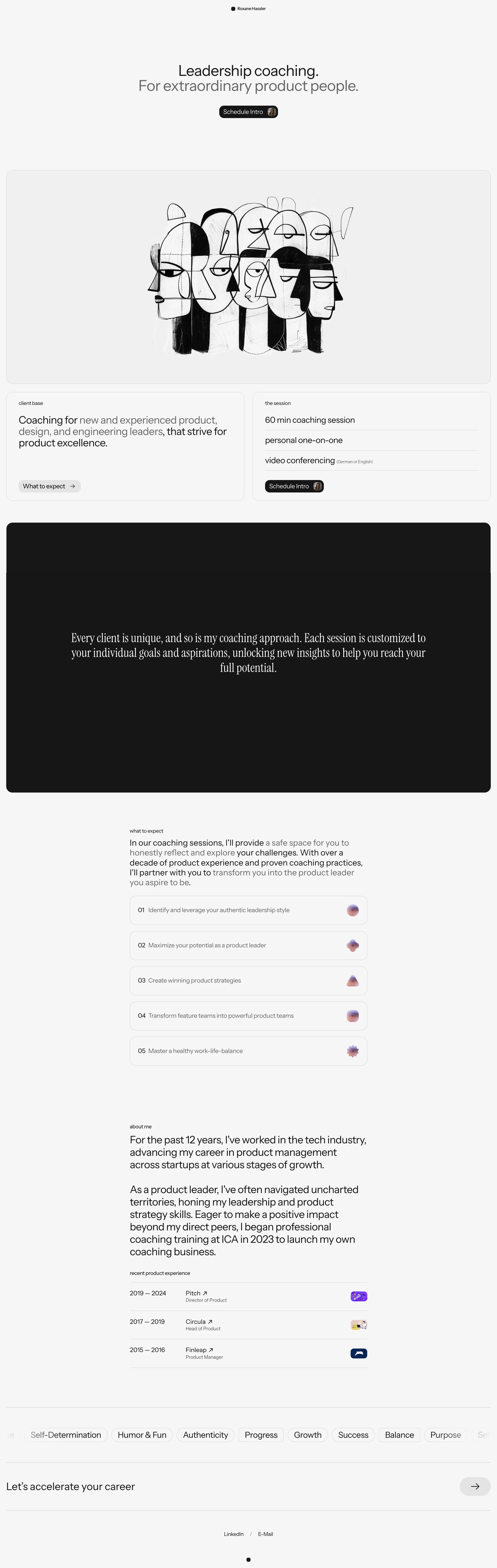 Roxane Hassler Landing Page Example: Coaching for new and experienced product, design, and engineering leaders, that strive for product excellence.