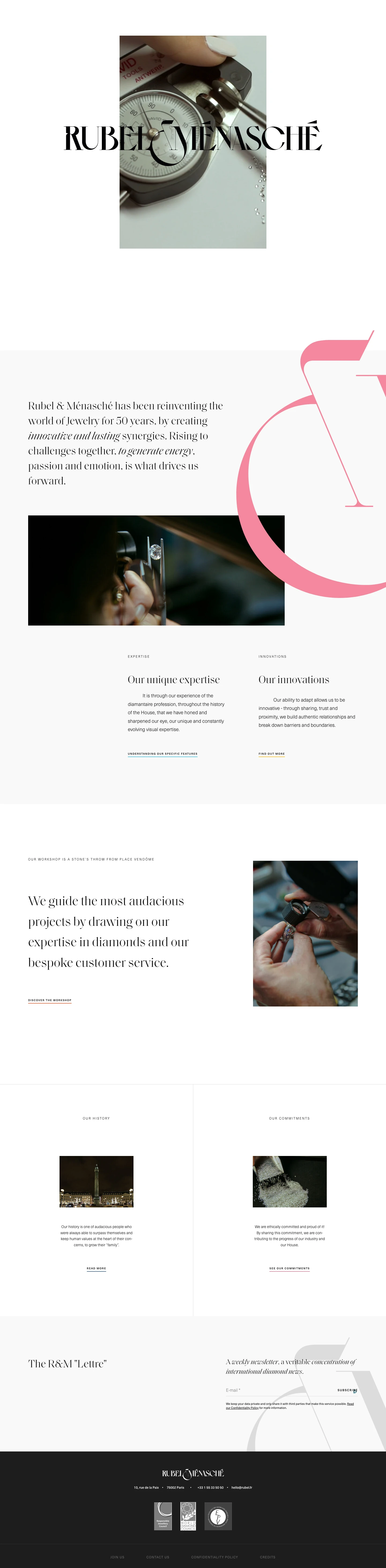 Rubel & Ménasché Landing Page Example: Rubel & Ménasché has been reinventing the world of Jewelry for 50 years, by creating innovative and lasting synergies.
