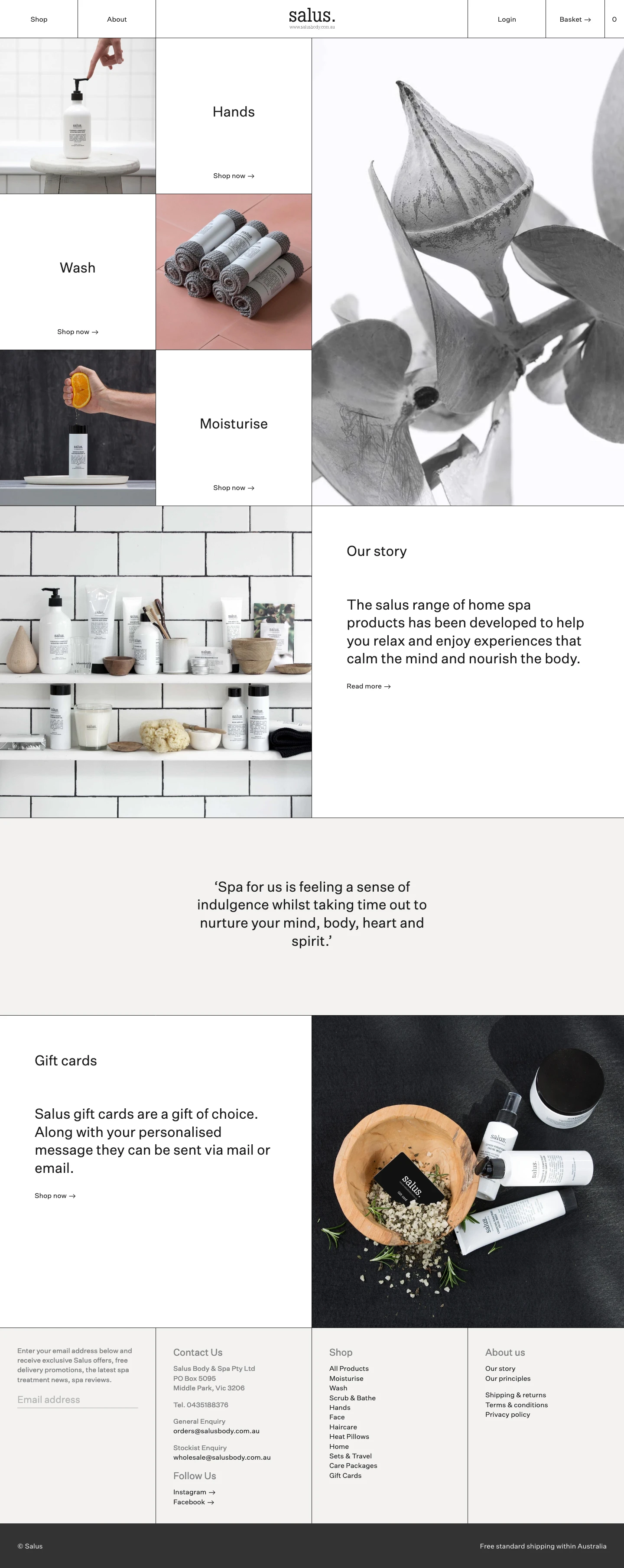 Salus Body Landing Page Example: Salus Body products are made in Australia using natural plant extracts, powerful botanicals and 100% pure essential oils.