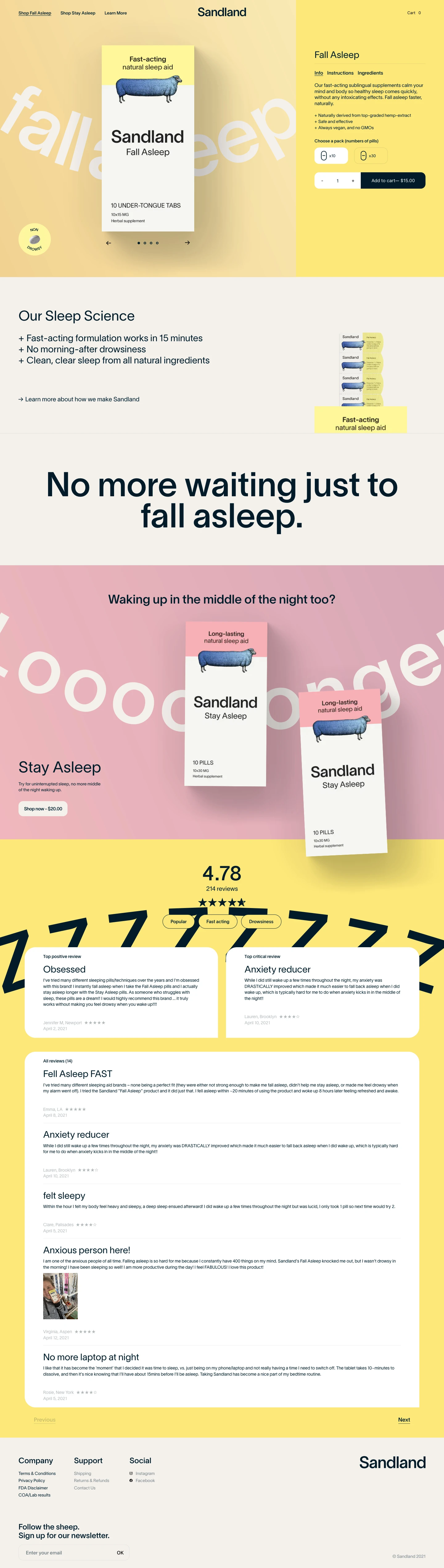 Sandland Landing Page Example: Where clean sleep comes easy. Learn how to get natural sleep, fall asleep faster and stay asleep longer. Sandland Sleep products are made from 100% plant-based natural ingredients.