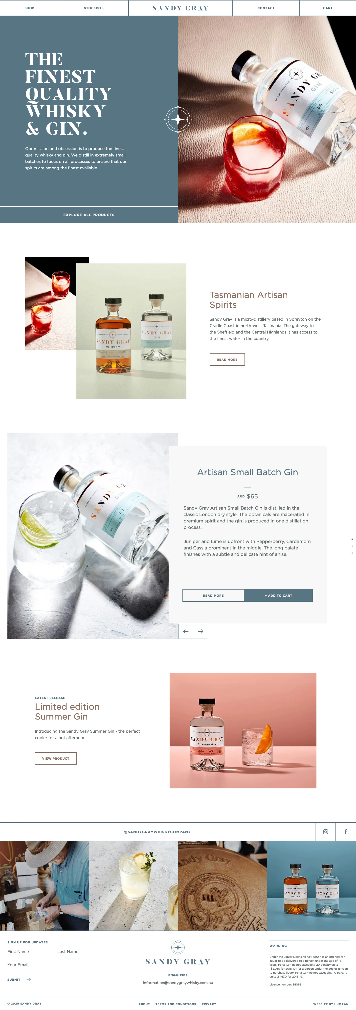Sandy Gray Landing Page Example: Tasmania's smallest distillery, Sandy Gray specialises in hand-crafted, small-batch, bespoke spirits.