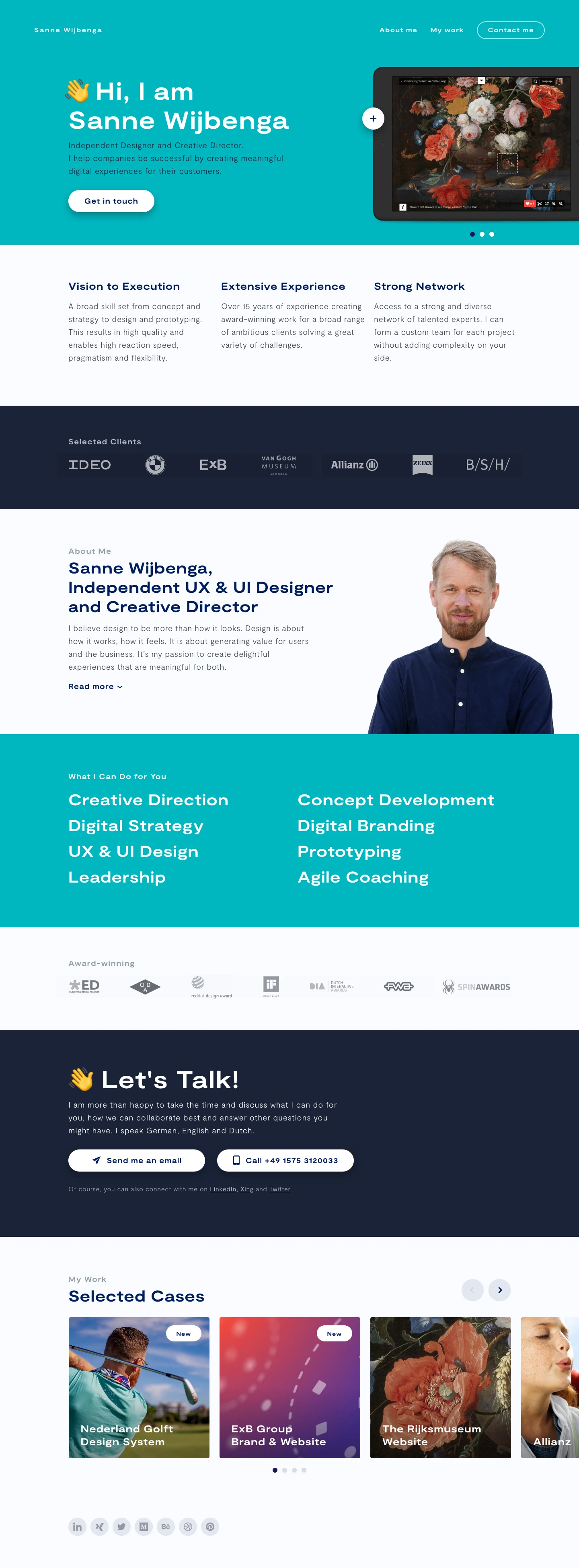 Sanne Wijbenga Landing Page Example: Independent designer and creative director. I help companies be successful by creating meaningful digital experiences for their customers.