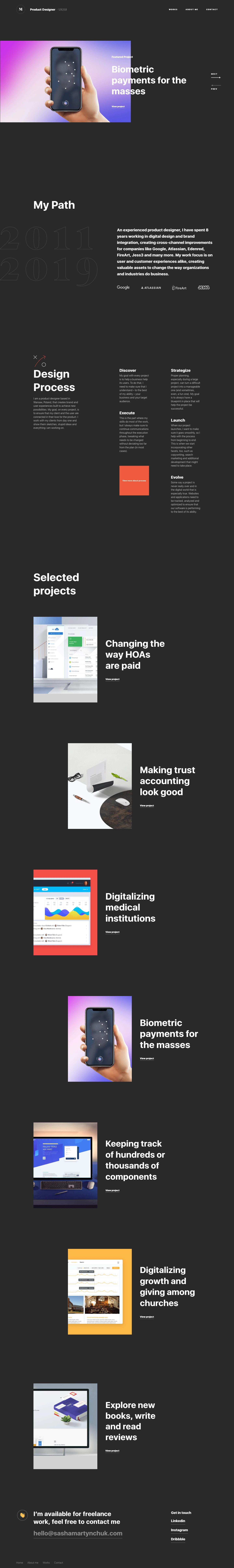 Sasha Martynchuk Landing Page Example: I am a product designer based in Warsaw, Poland, that creates brand and user experiences built to achieve new possibilities. My goal, on every project, is to ensure that my client and the user are connected in their love for the product. 