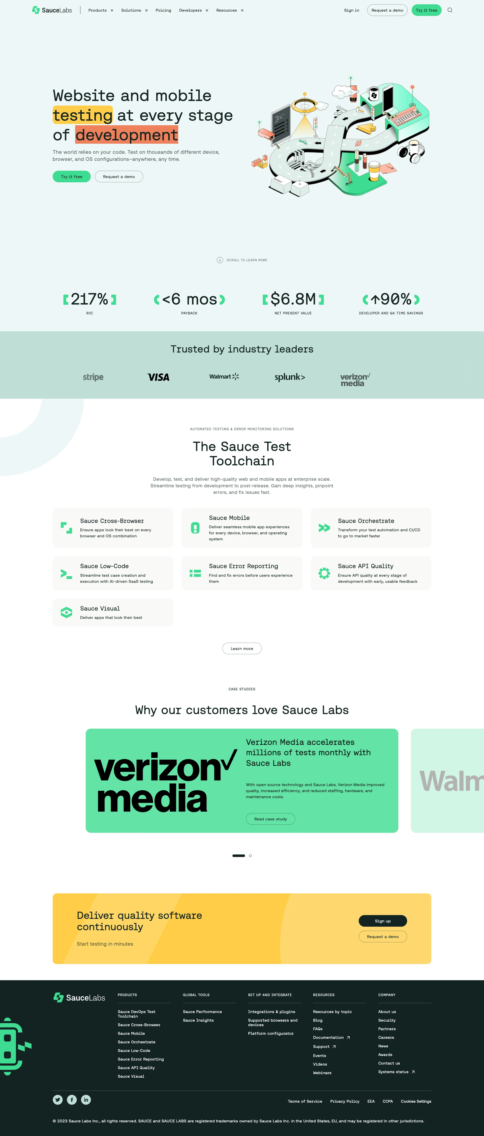 Sauce Labs Landing Page Example: Website and mobile testingat every stage of development. The world relies on your code. Test on thousands of different device, browser, and OS configurations–anywhere, any time