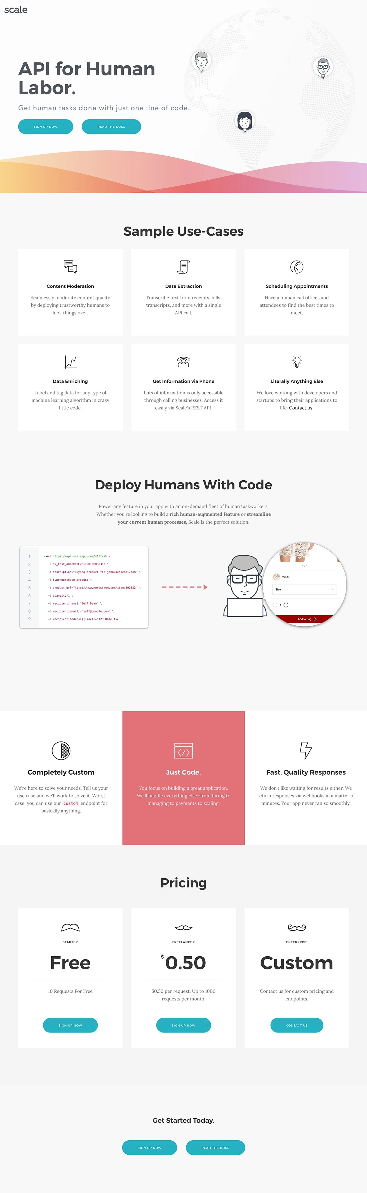 Scale Landing Page Example: API for Human Labor. Get human tasks done with just one line of code.