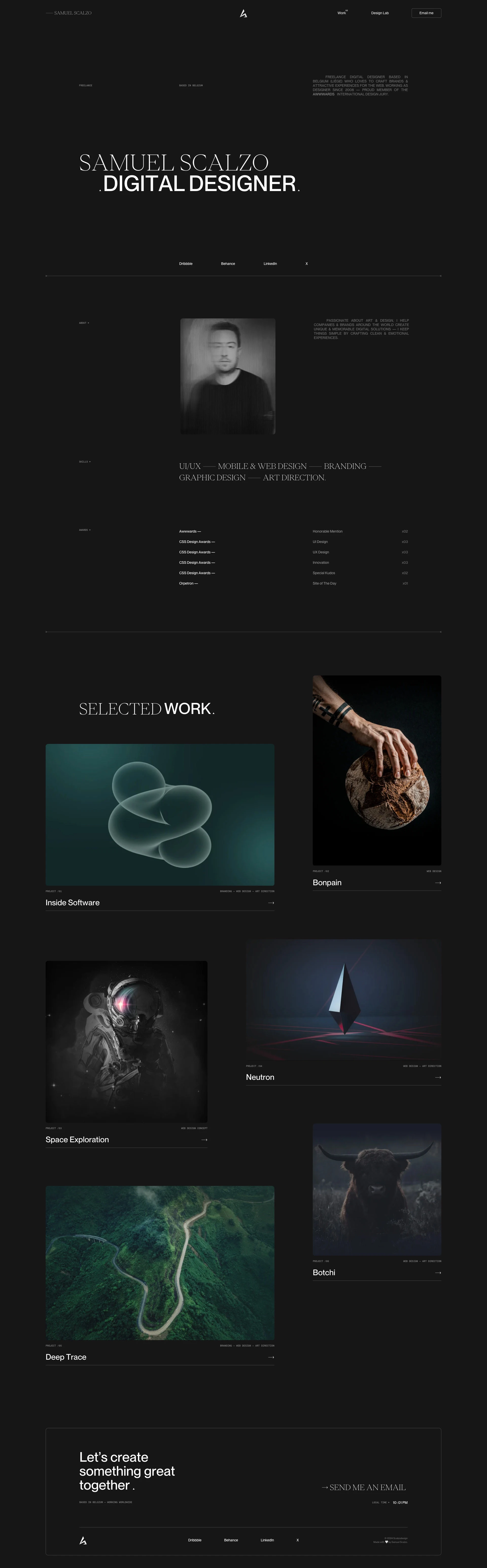 Samuel Scalzo Landing Page Example: Freelance digital designer based in Belgium who loves to craft brands & attractive experiences for the web.