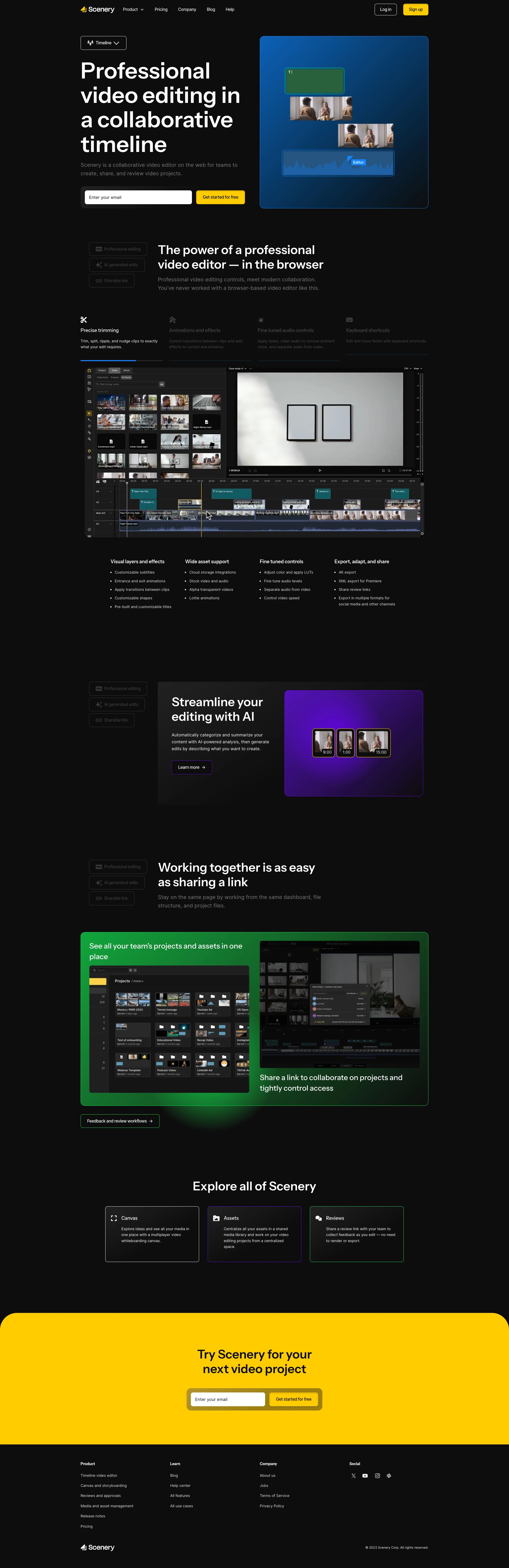 Scenery Landing Page Example: Video editing for the way your team works. Scenery is a collaborative video editing workspace for asset management, editing, and review — with AI assisted workflows.
