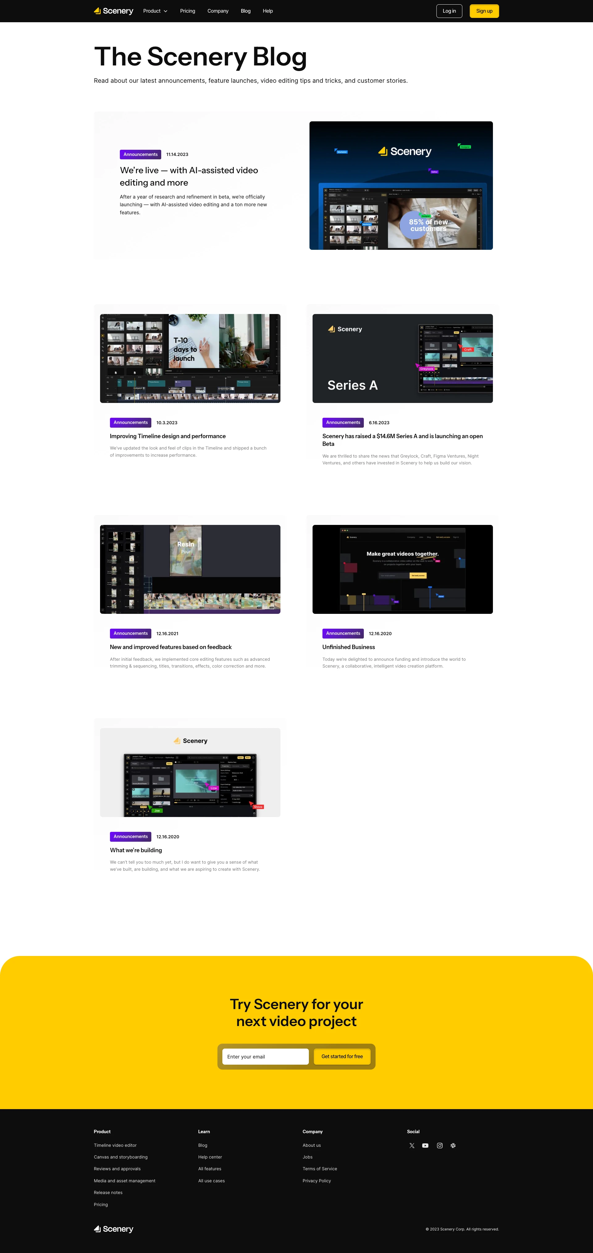 Scenery Landing Page Example: Video editing for the way your team works. Scenery is a collaborative video editing workspace for asset management, editing, and review — with AI assisted workflows.