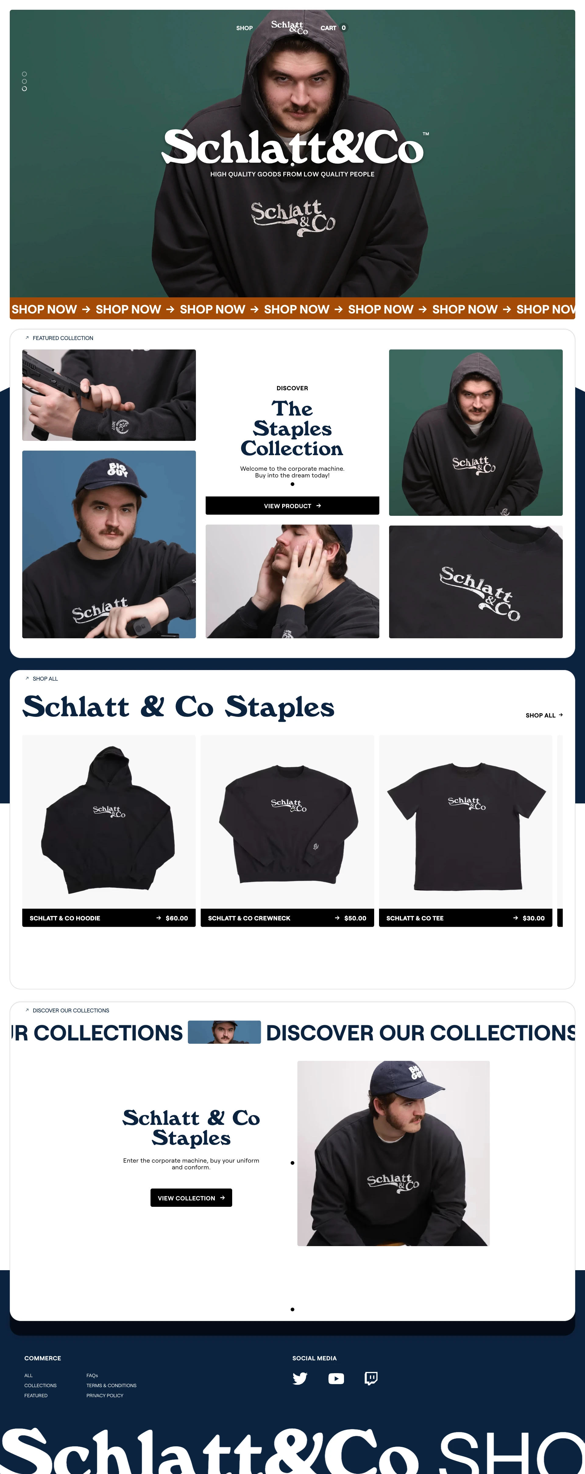 Schlatt & Co. Landing Page Example: High quality goods from low quality people.