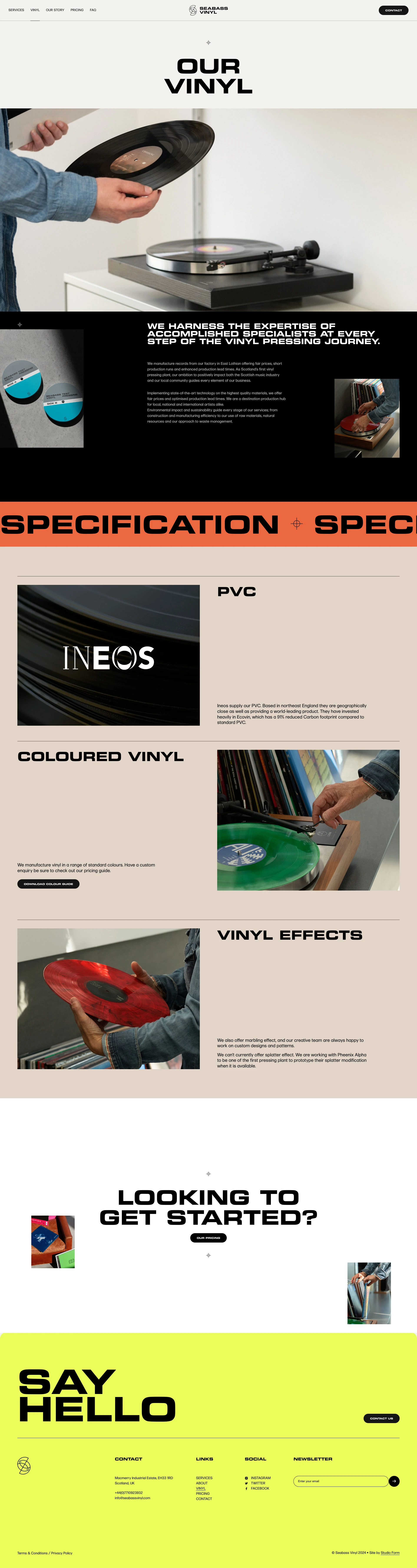 Seabass Vinyl Landing Page Example: We are a full service Low Lead time, Vinyl Record Pressing Plant, State-of-the-art vinyl manufacturing, from Scotland with love. At Seabass Vinyl we create premium quality vinyl records through an authentic, optimised production that serves artists and listeners who share our passion for music. We’re an independent, family-owned business, producing industry-leading, premium quality records in our factory on the beautiful East Lothian coastline.