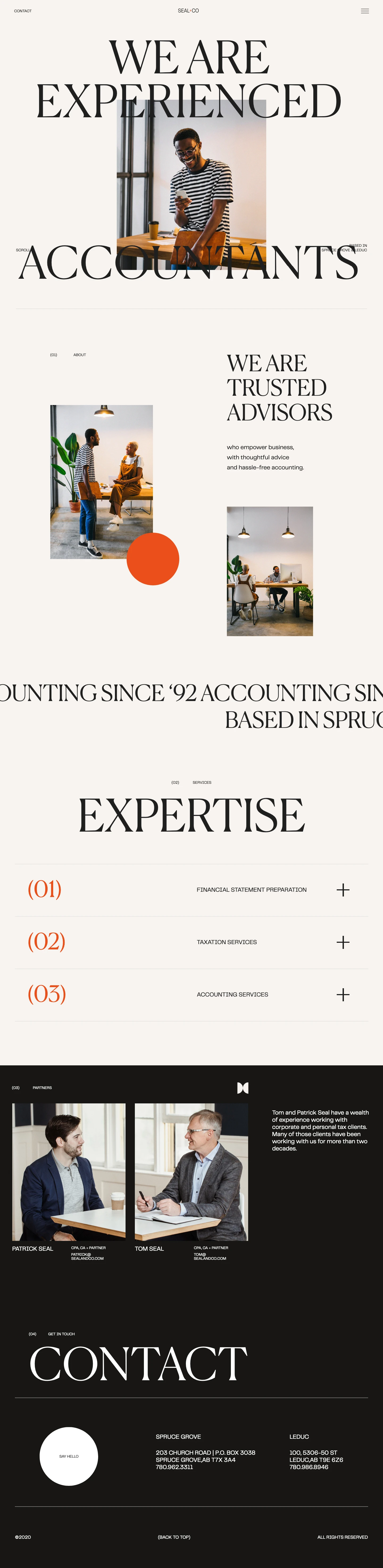 SEAL+CO Landing Page Example: Seal+Co Chartered Professional Accountants is a Full-Service Accounting firm based in Spruce Grove, AB. Led by partners Tom & Patrick Seal, Seal+Co provides quality business and tax advice to a select group of clients.