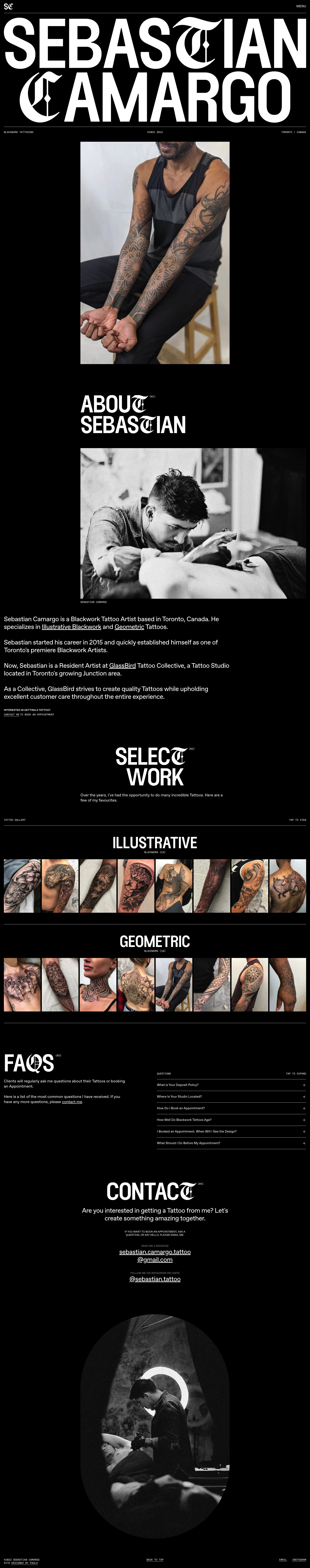 Sebastian Camargo Landing Page Example: Sebastian Camargo is a Blackwork Tattoo Artist based in Toronto, Canada, specializing in Illustrative Blackwork and Geometric Tattoos.