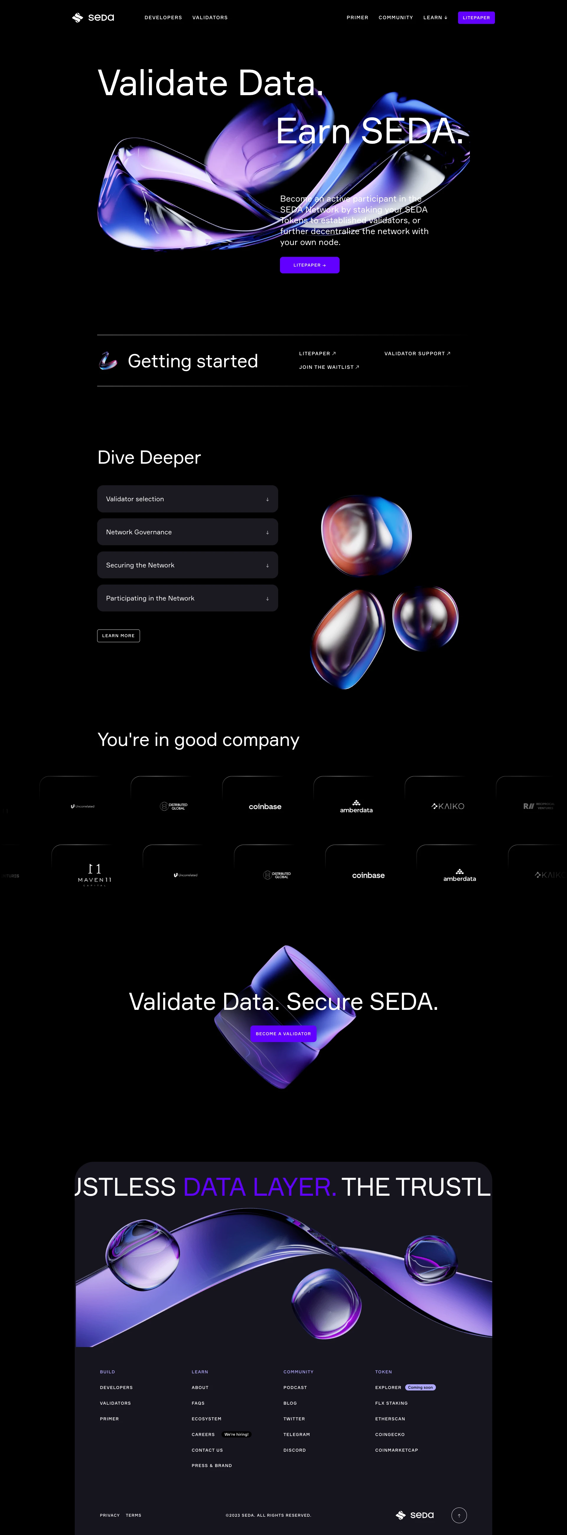 SEDA Landing Page Example: A Foundation for Data in web3. SEDA creates a standard for data interoperability enabling the future of connectivity.