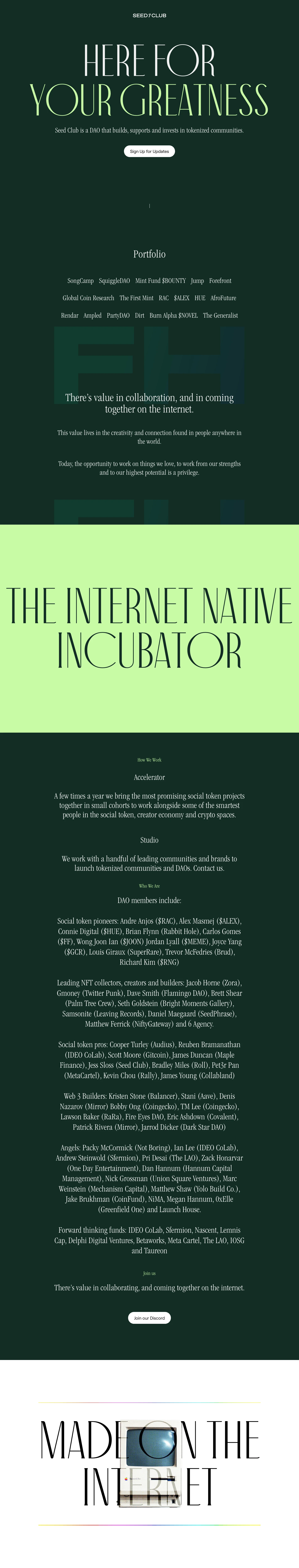 Seed Club Landing Page Example: We help creators turn social capital into digital assets.