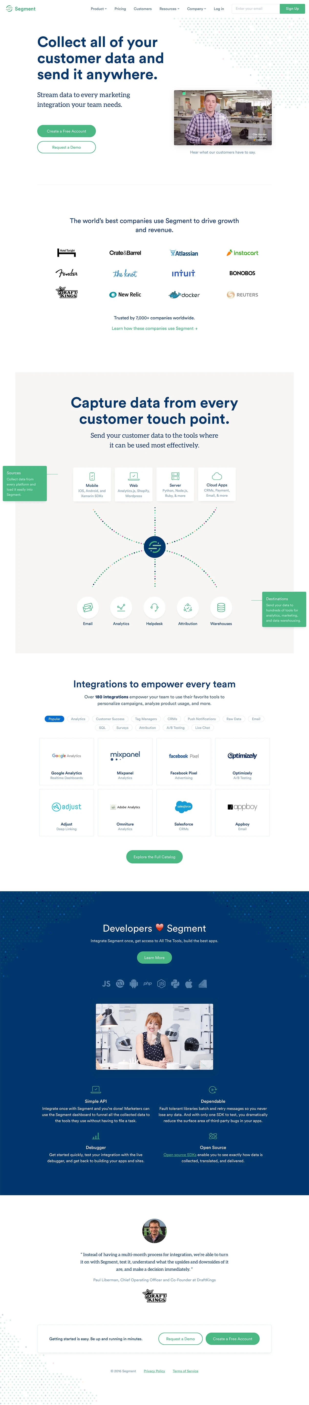 Segment Landing Page Example: Segment is trusted by thousands of companies as their Customer Data Platform. Collect user data with one API and send it to hundreds of tools or a data warehouse.