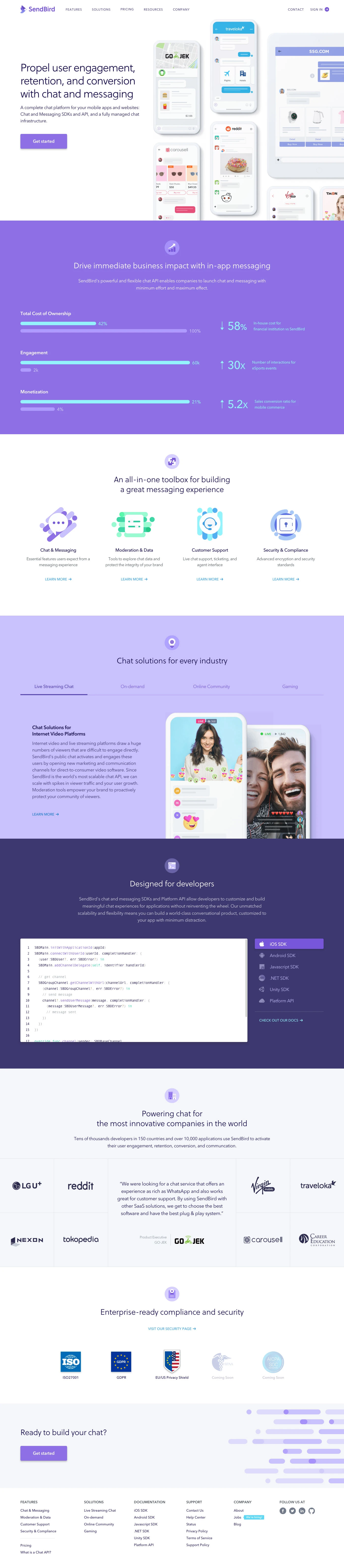 SendBird Landing Page Example: A complete chat platform for your mobile apps and websites: Chat and Messaging SDKs and API, and a fully managed chat infrastructure.