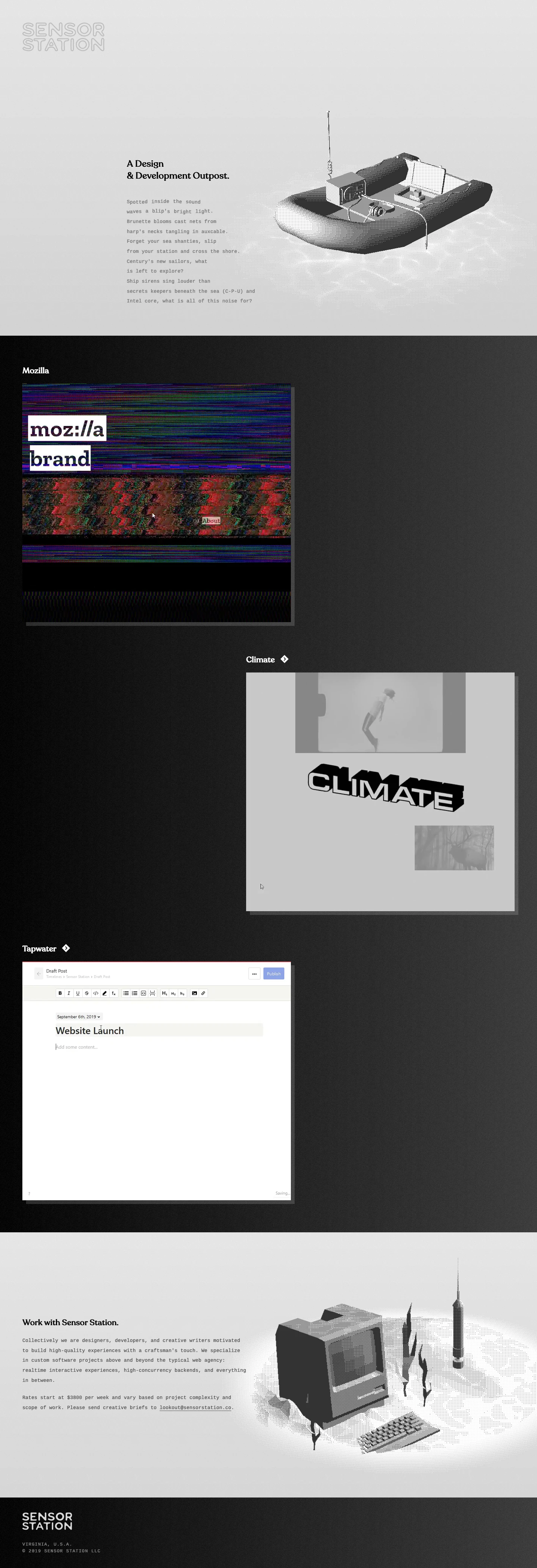 Sensor Station Landing Page Example: Collectively we are designers, developers, and creative writers motivated to build high-quality experiences with a craftsman's touch. We specialize in custom software projects above and beyond the typical web agency: realtime interactive experiences, high-concurrency backends, and everything in between