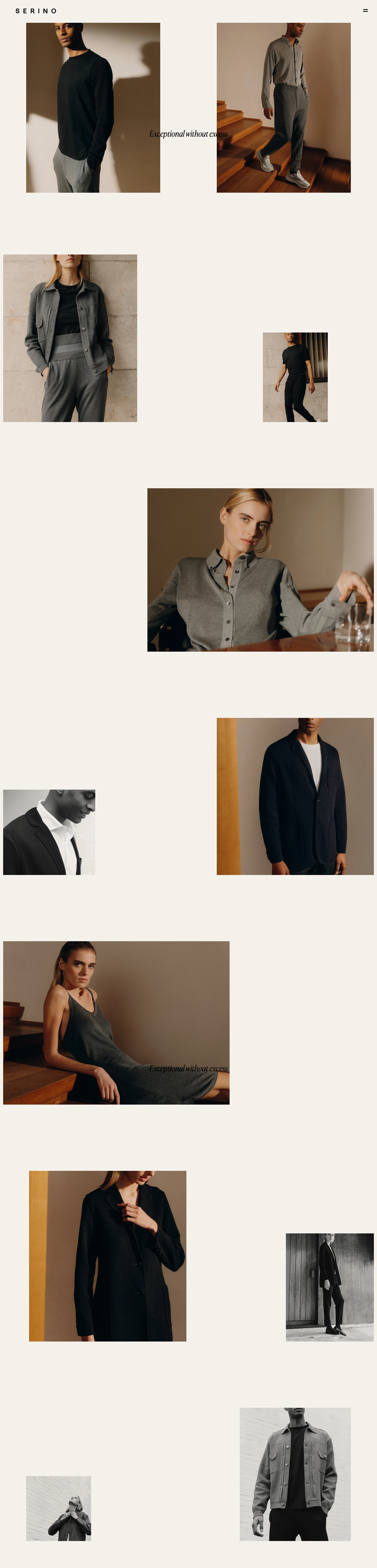 Serino Landing Page Example: Serino creates clothing essentials that epitomize how simplicity endures over time, and how it impacts our lives.