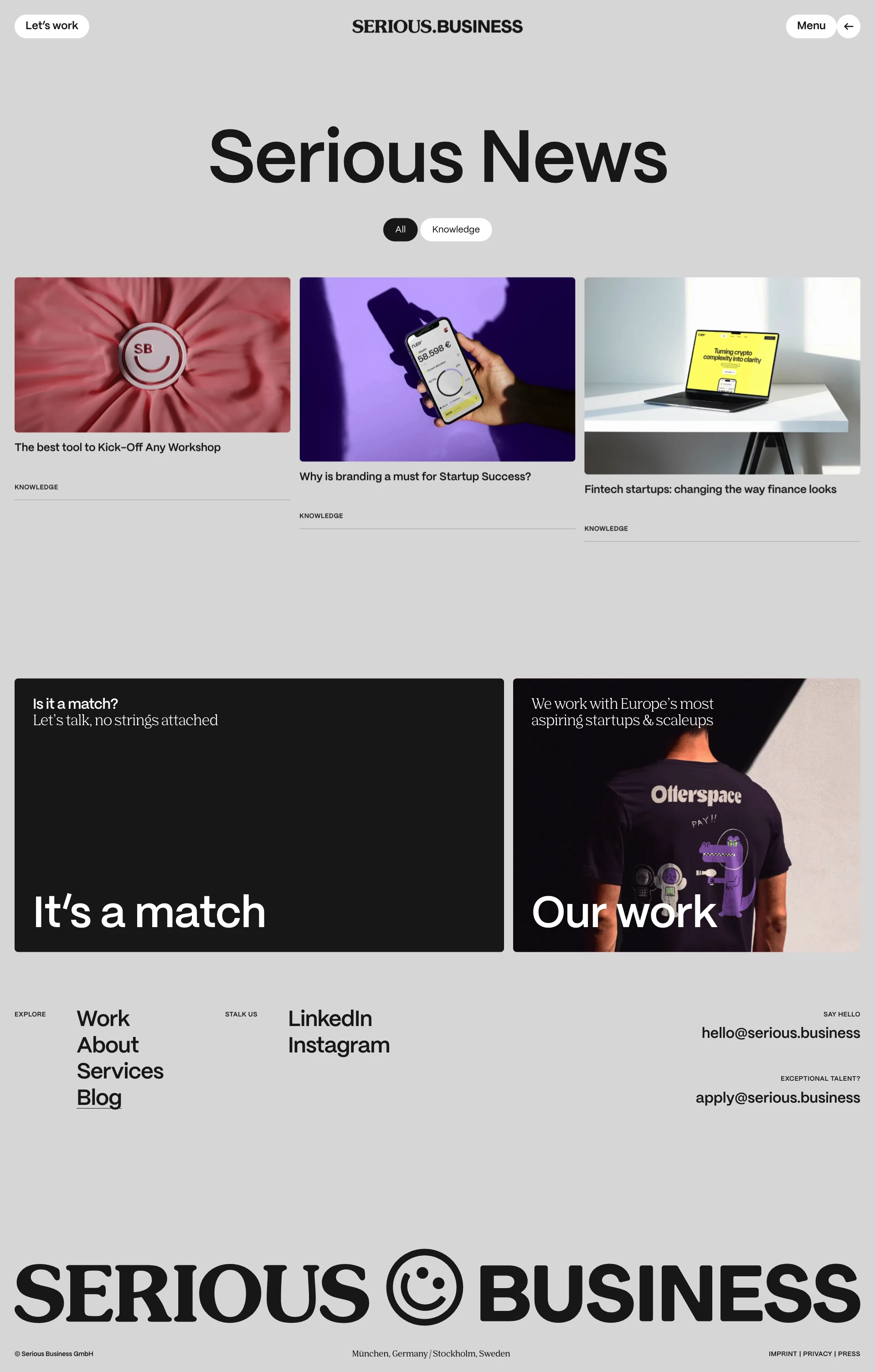 SERIOUS.BUSINESS Landing Page Example: SERIOUS.BUSINESS started in 2015 as a passion project during the Design Lead program at Hyper Island, Stockholm with the goal of creating the future of brands for a new generation and building a workplace where like-minded people come together to let their creativity loose.