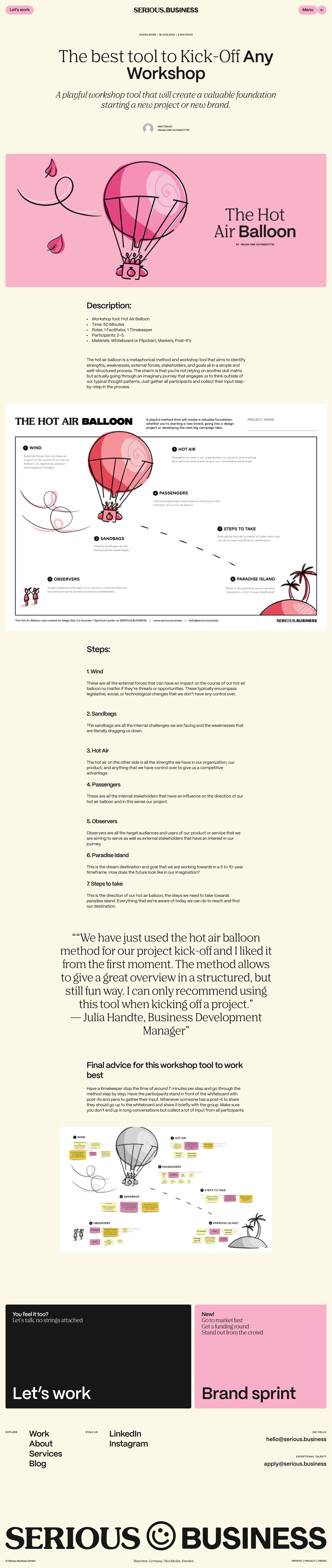 SERIOUS.BUSINESS Landing Page Example: SERIOUS.BUSINESS started in 2015 as a passion project during the Design Lead program at Hyper Island, Stockholm with the goal of creating the future of brands for a new generation and building a workplace where like-minded people come together to let their creativity loose.