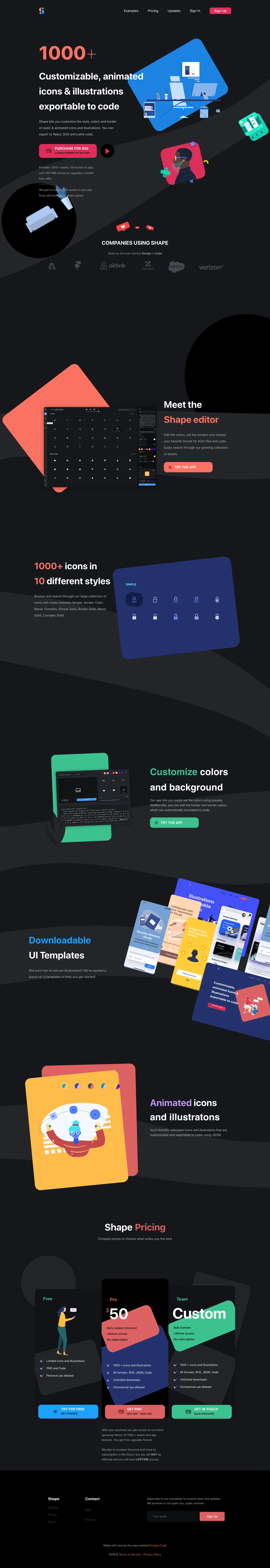 Shape Landing Page Example: 1000+ customizable, animated icons & illustrations exportable to codeShape lets you customize the style, colors and border of static & animated icons and illustrations. You can export to React, SVG and Lottie code.