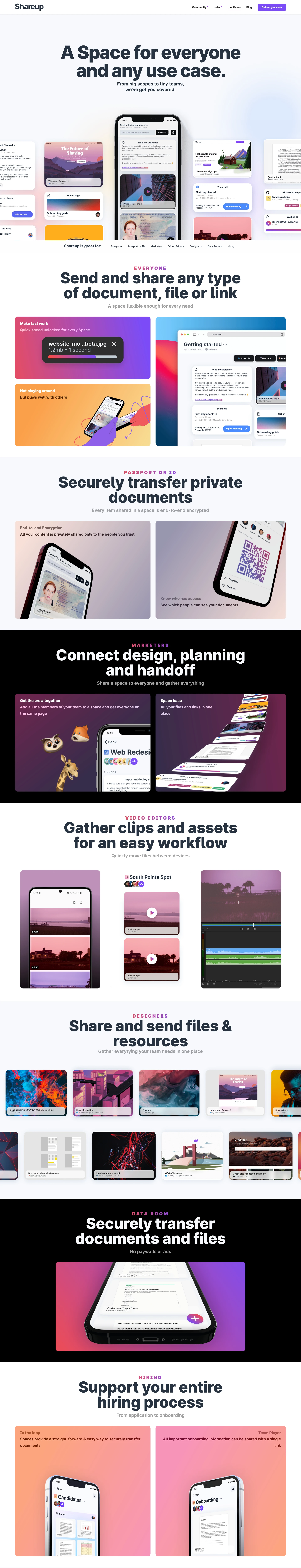 shareup.app Landing Page Example: Bringing it all together. Spaces is the only privacy-first platform where you can send, share, and collect any type of content.
