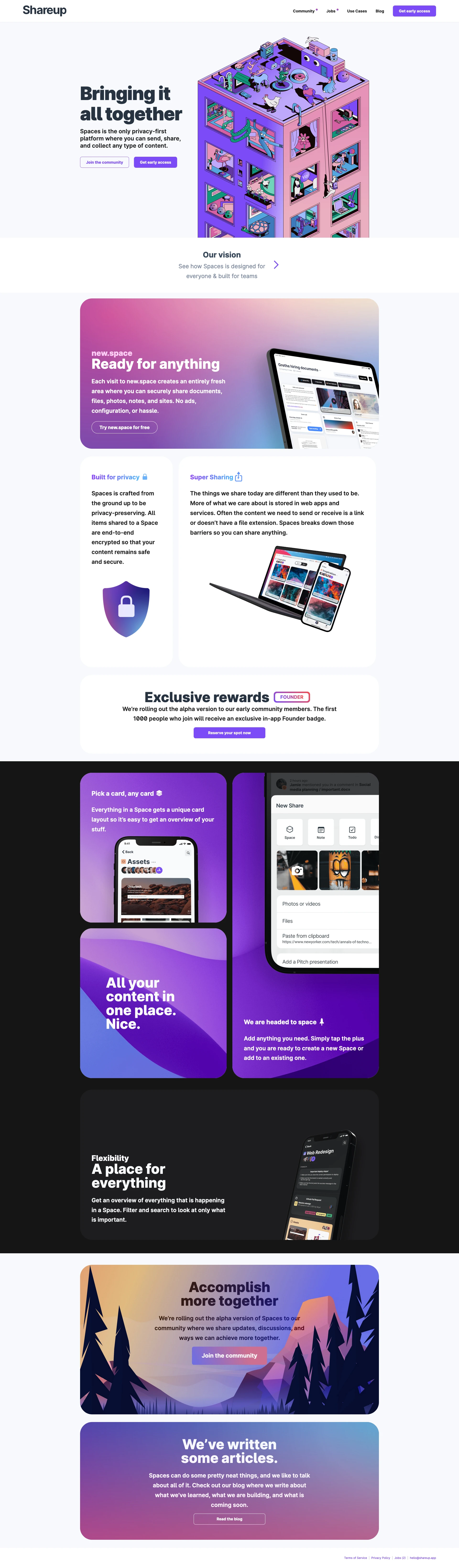 shareup.app Landing Page Example: Bringing it all together. Spaces is the only privacy-first platform where you can send, share, and collect any type of content.
