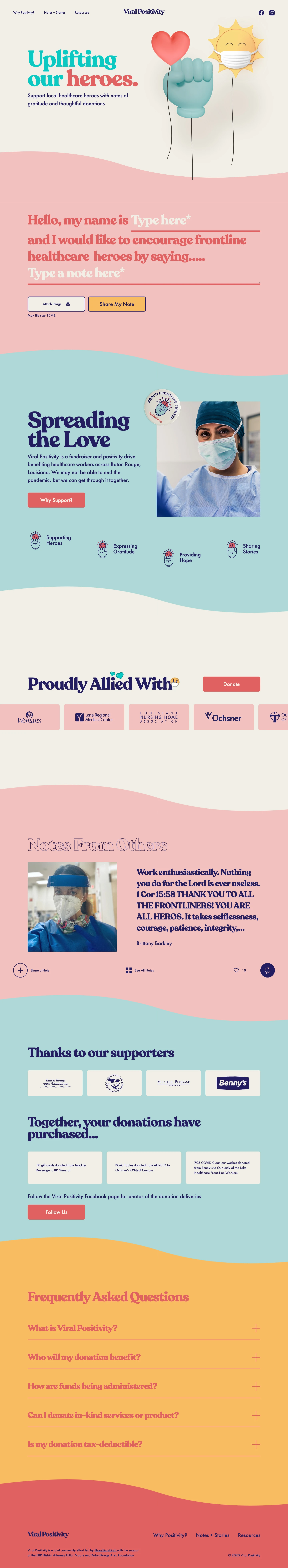 Viral Positivity Landing Page Example: Uplifting our heroes. Support local healthcare heroes with notes of gratitude and thoughtful donations.