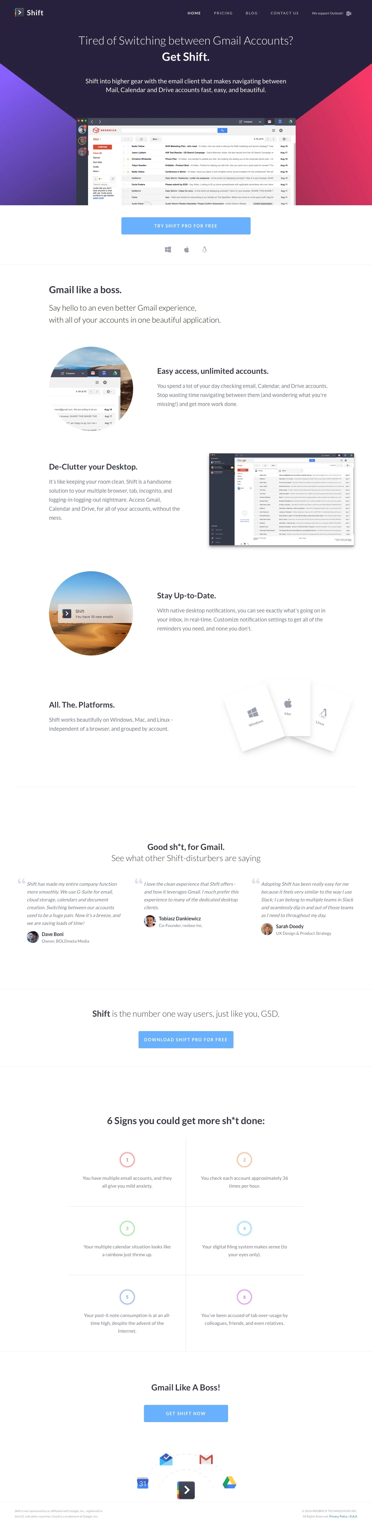 Shift Landing Page Example: Tired of Switching between Gmail Accounts? Get Shift.