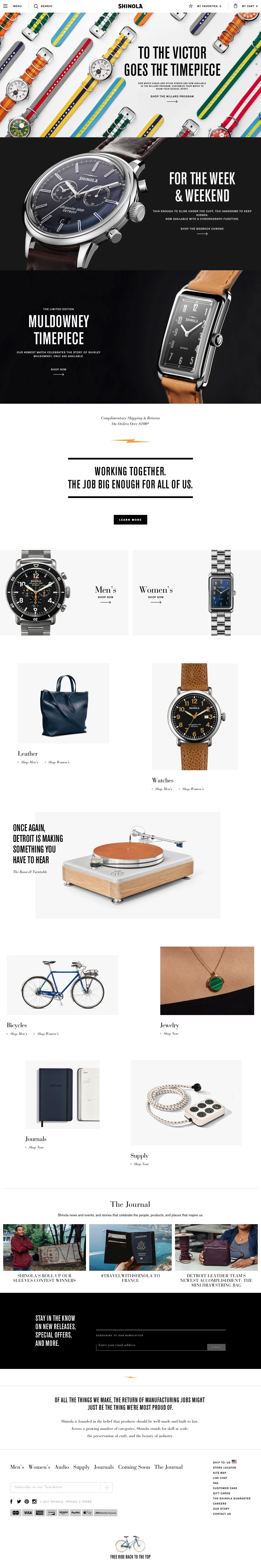  Shinola Detroit Landing Page Example: Shop Shinola's Watches, Leather Goods, Bicycles, and Journals.