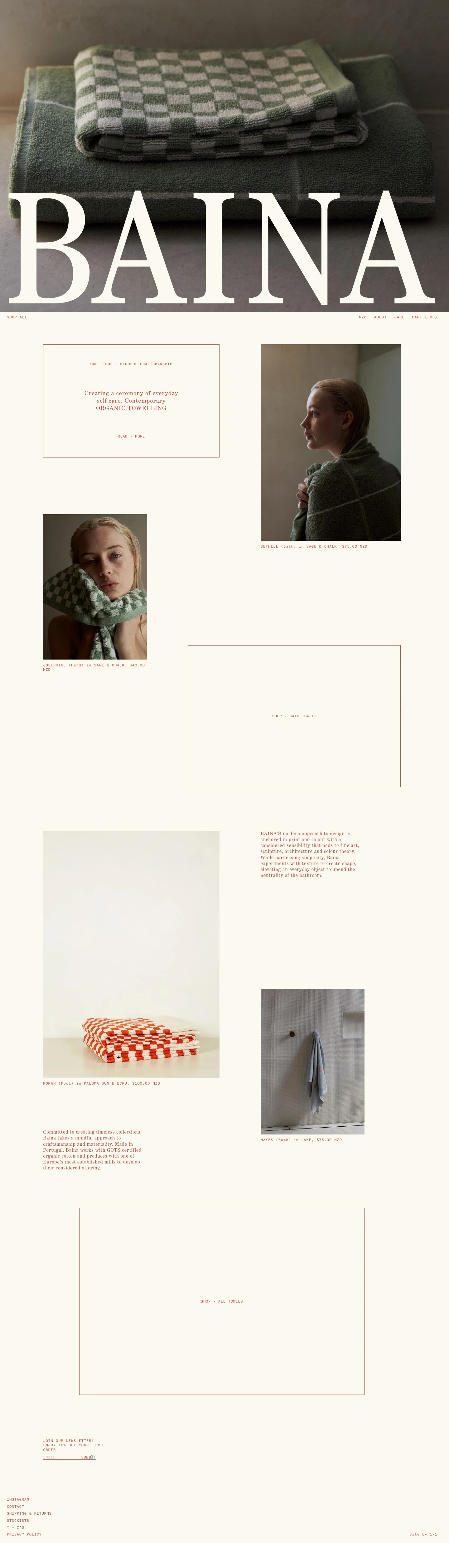 Baina Landing Page Example: Creating a ceremony of everyday self-care. Contemporary organic towelling designed in Melbourne, made in Portugal.