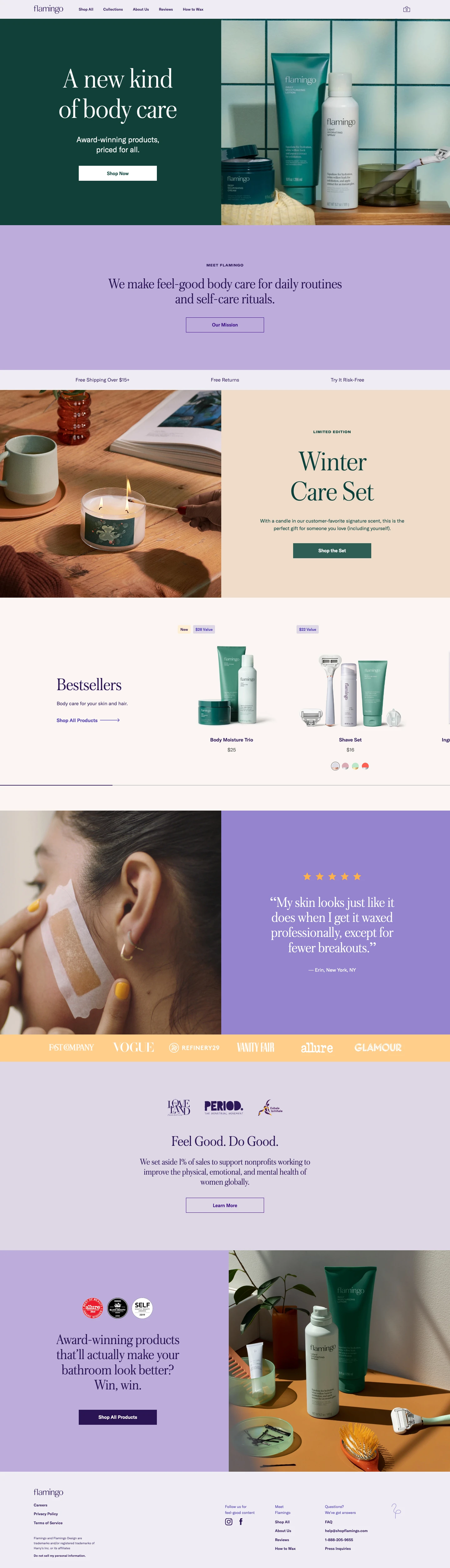 Flamingo Landing Page Example: A new kindof body care. Award-winning products,priced for all.