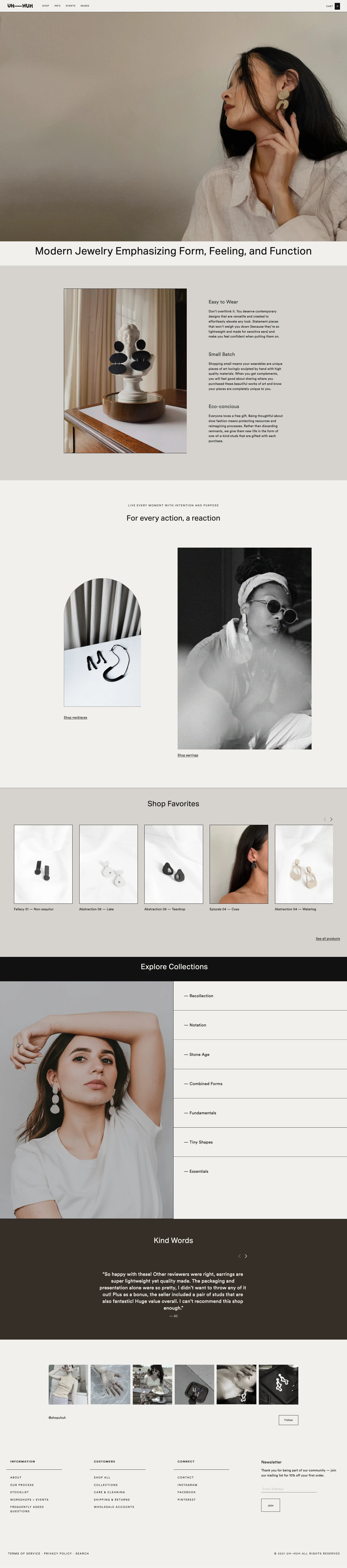 Uh–Huh Landing Page Example: Uh–Huh is a Philadelphia-based jewelry design studio sculpting objects that emphasize form, feeling, & function.