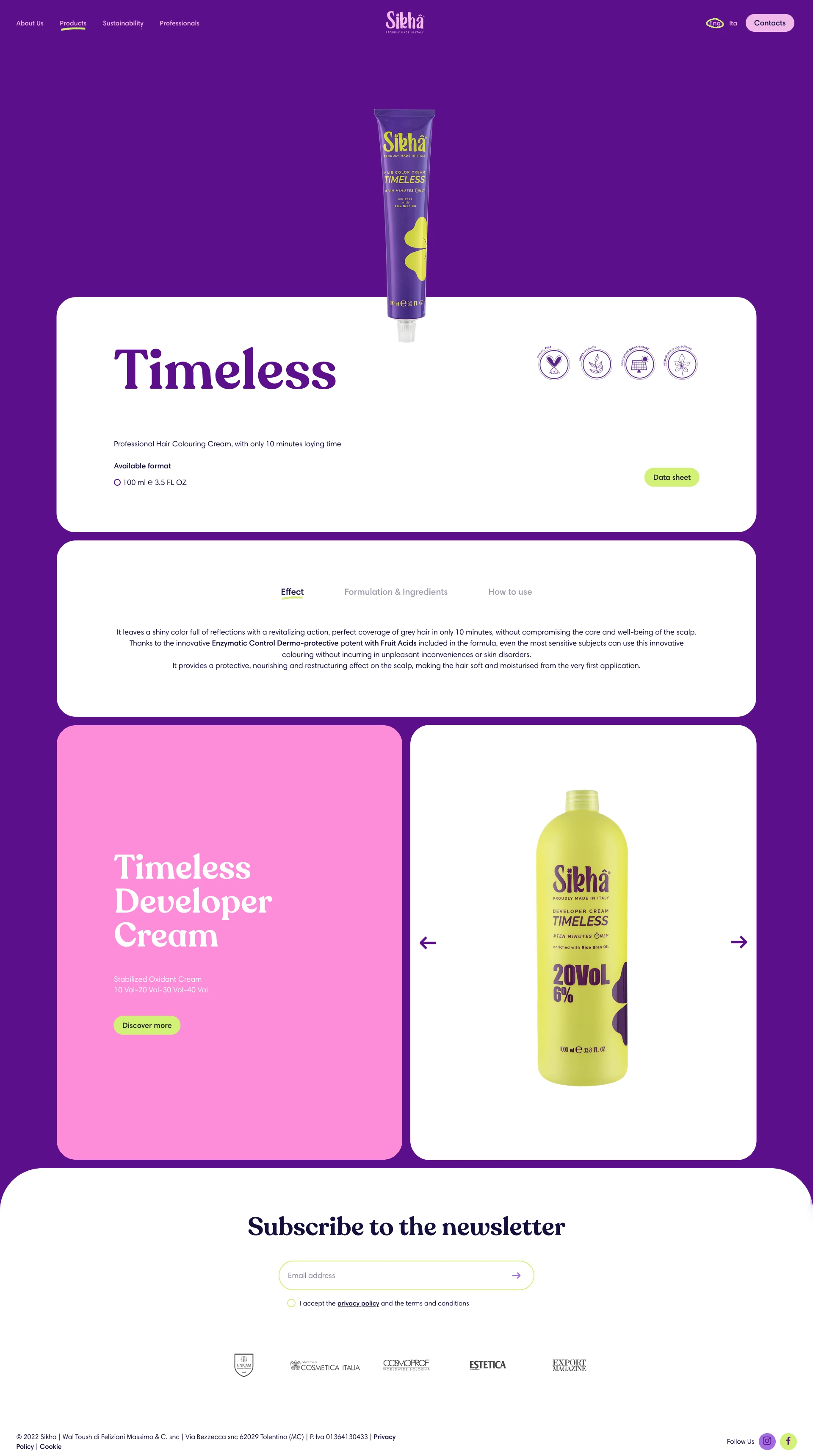 Sikha Haircare Landing Page Example: Vegan and cruelty free certified products to respect the environment and nature , obtained with energy produced from sources renewable.