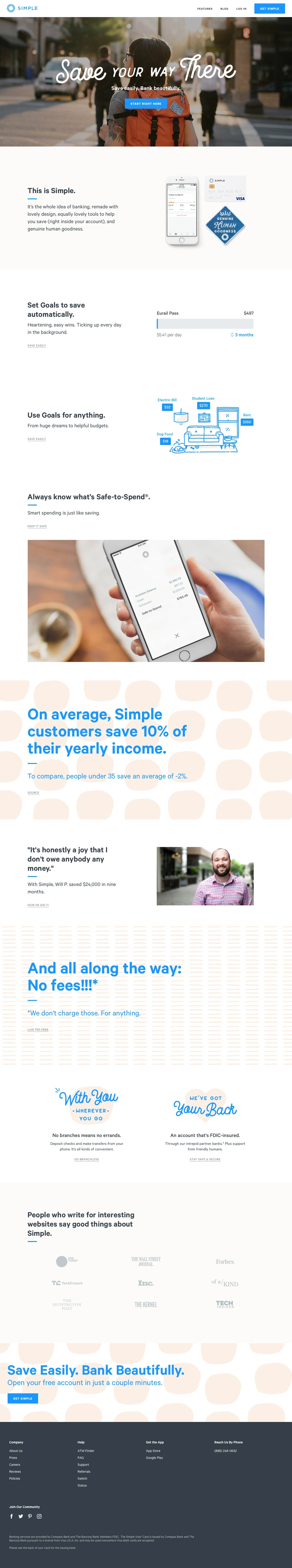 Simple Landing Page Example: Simple is reinventing online banking with modern web and mobile experiences, no surprise fees, and great customer service. Simplify your finances.