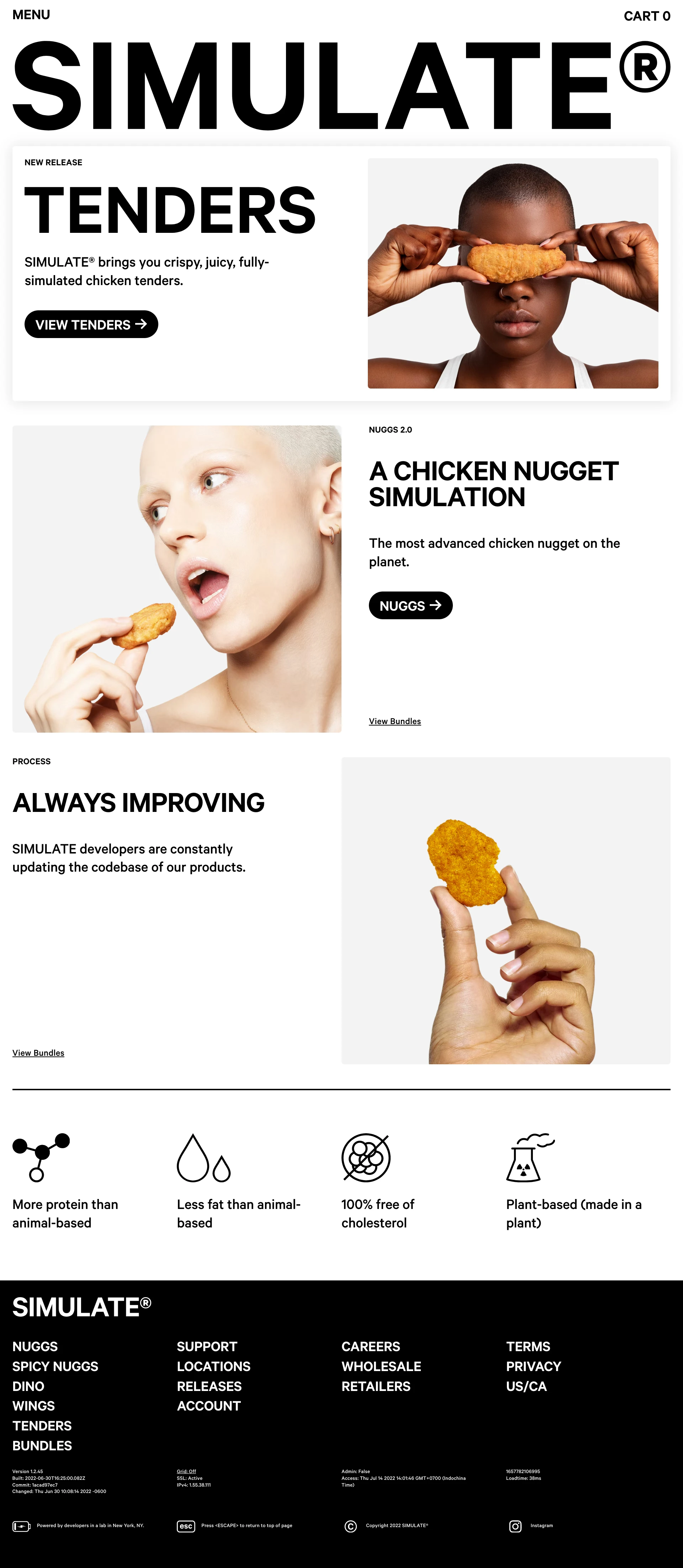 SIMULATE Landing Page Example: SIMULATE is a nutrition technology company. SIMULATE is behind NUGGS, DISCS, and WINGS.