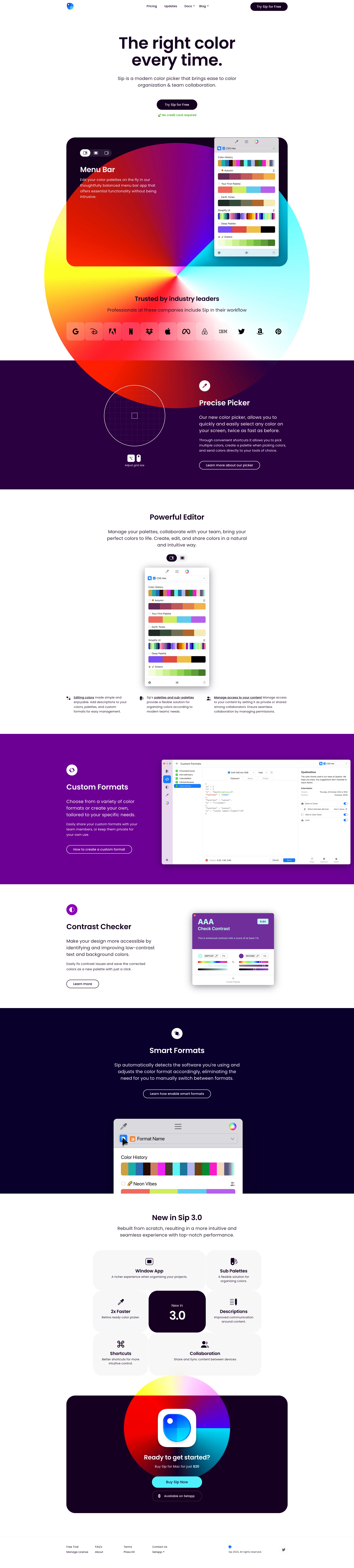 Sip Landing Page Example: Sip is a modern color picker that brings ease to color organization & team collaboration. Edit your color palettes on the fly in our thoughtfully balanced menu bar app that offers essential functionality without being intrusive.