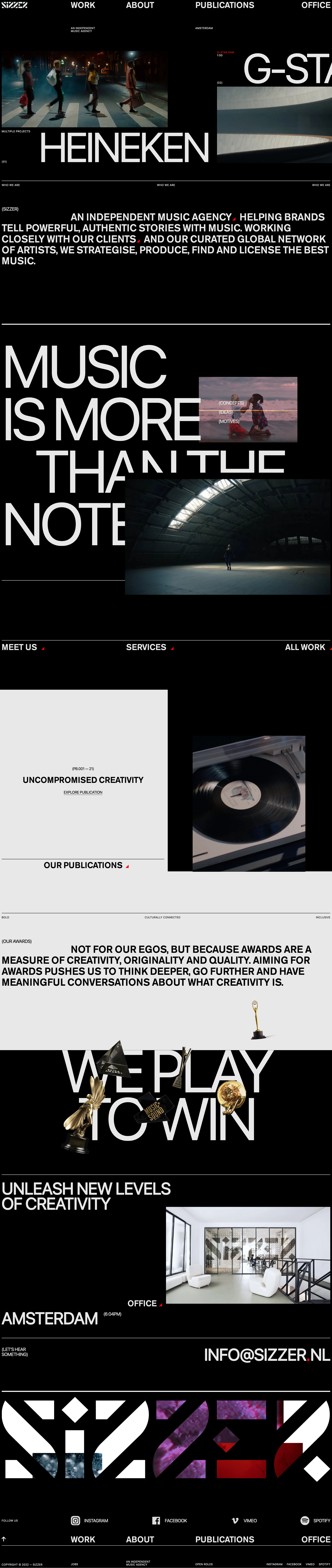 Sizzer Landing Page Example: We help brands tell powerful, authentic stories with music. Working with our clients and network of artists, we strategize, produce and license music.