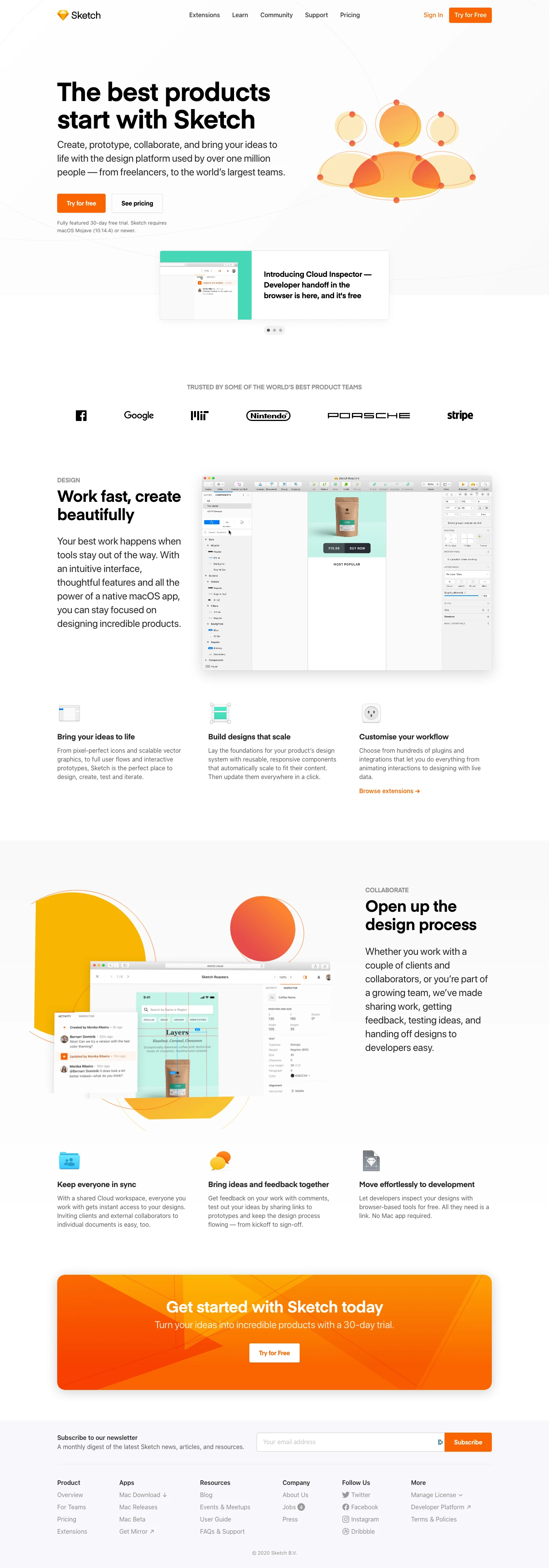 Sketch Landing Page Example: The best products start with Sketch. Create, prototype, collaborate, and bring your ideas to life with the design platform used by over one million people — from freelancers, to the world’s largest teams.